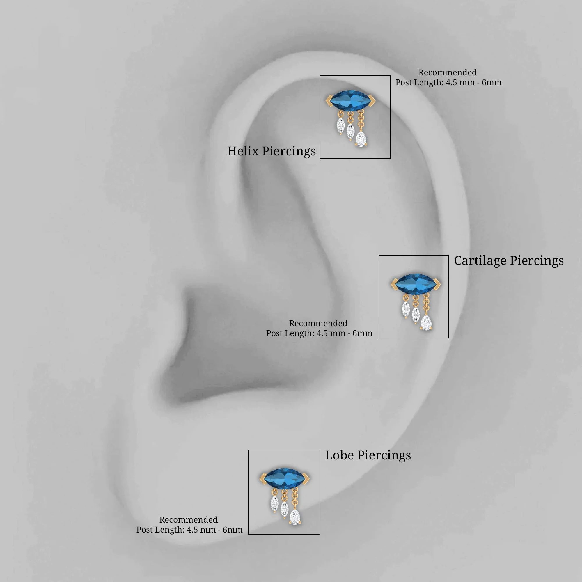 London Blue Topaz Cartilage Earring with Dangling Moissanite