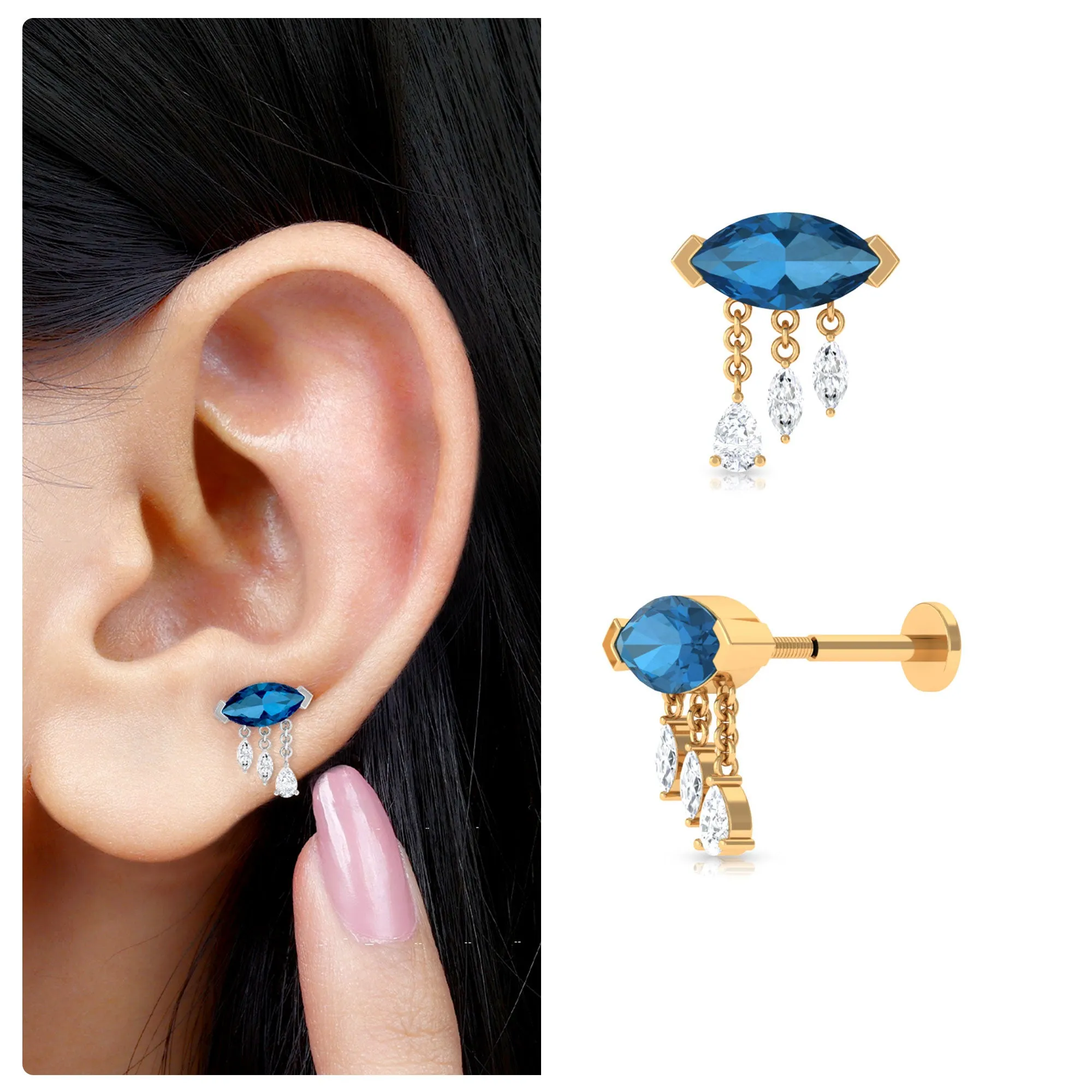 London Blue Topaz Cartilage Earring with Dangling Moissanite