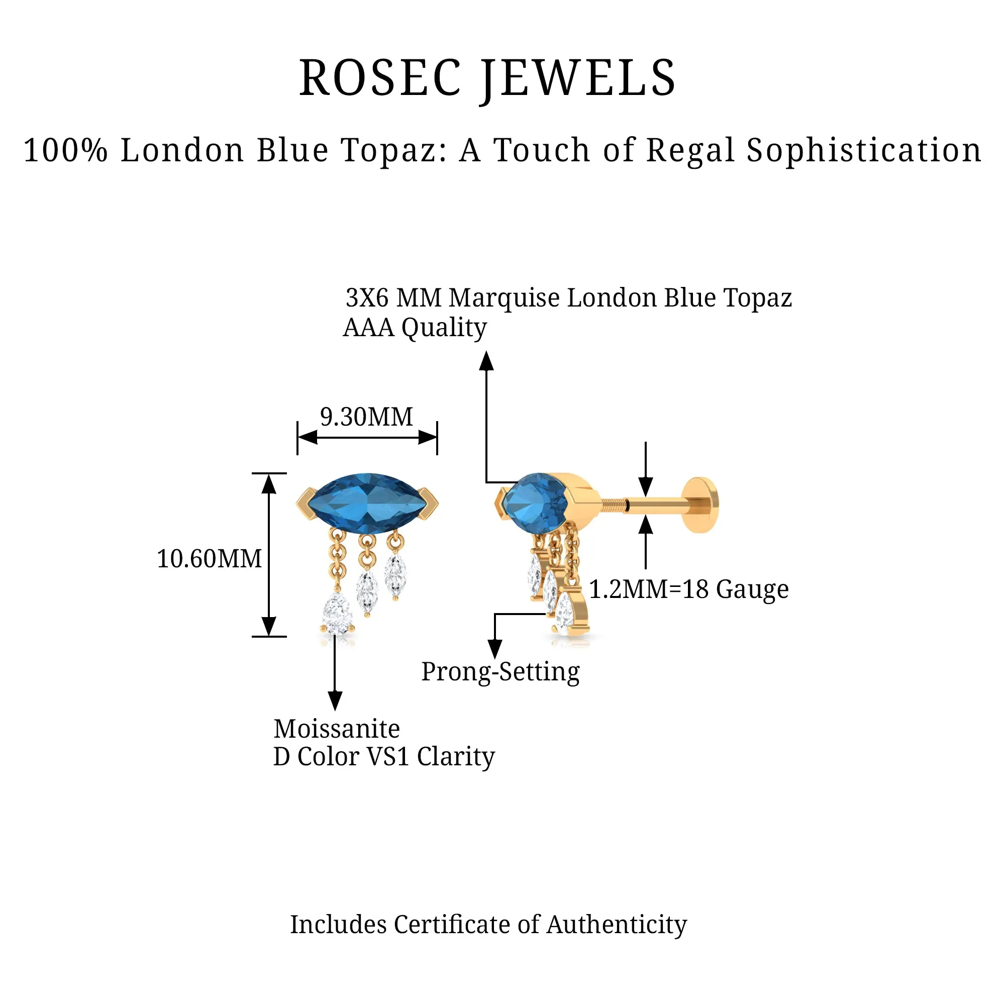 London Blue Topaz Cartilage Earring with Dangling Moissanite