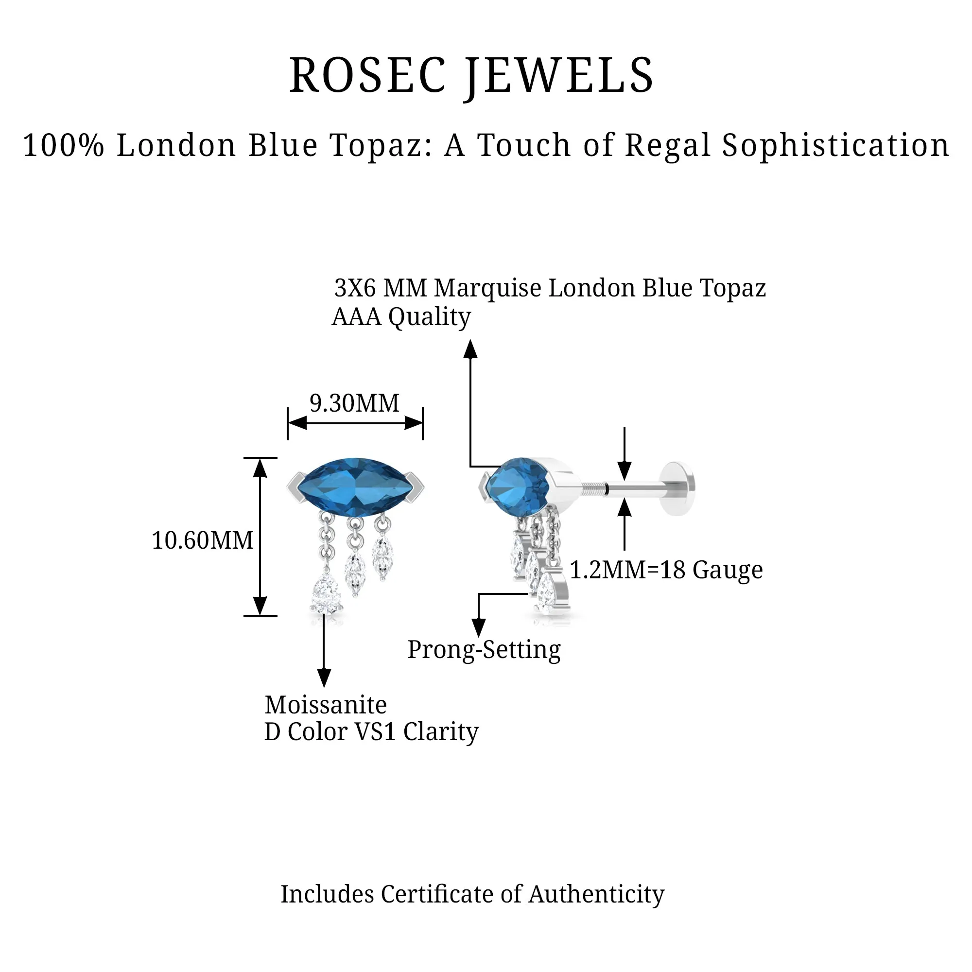London Blue Topaz Cartilage Earring with Dangling Moissanite
