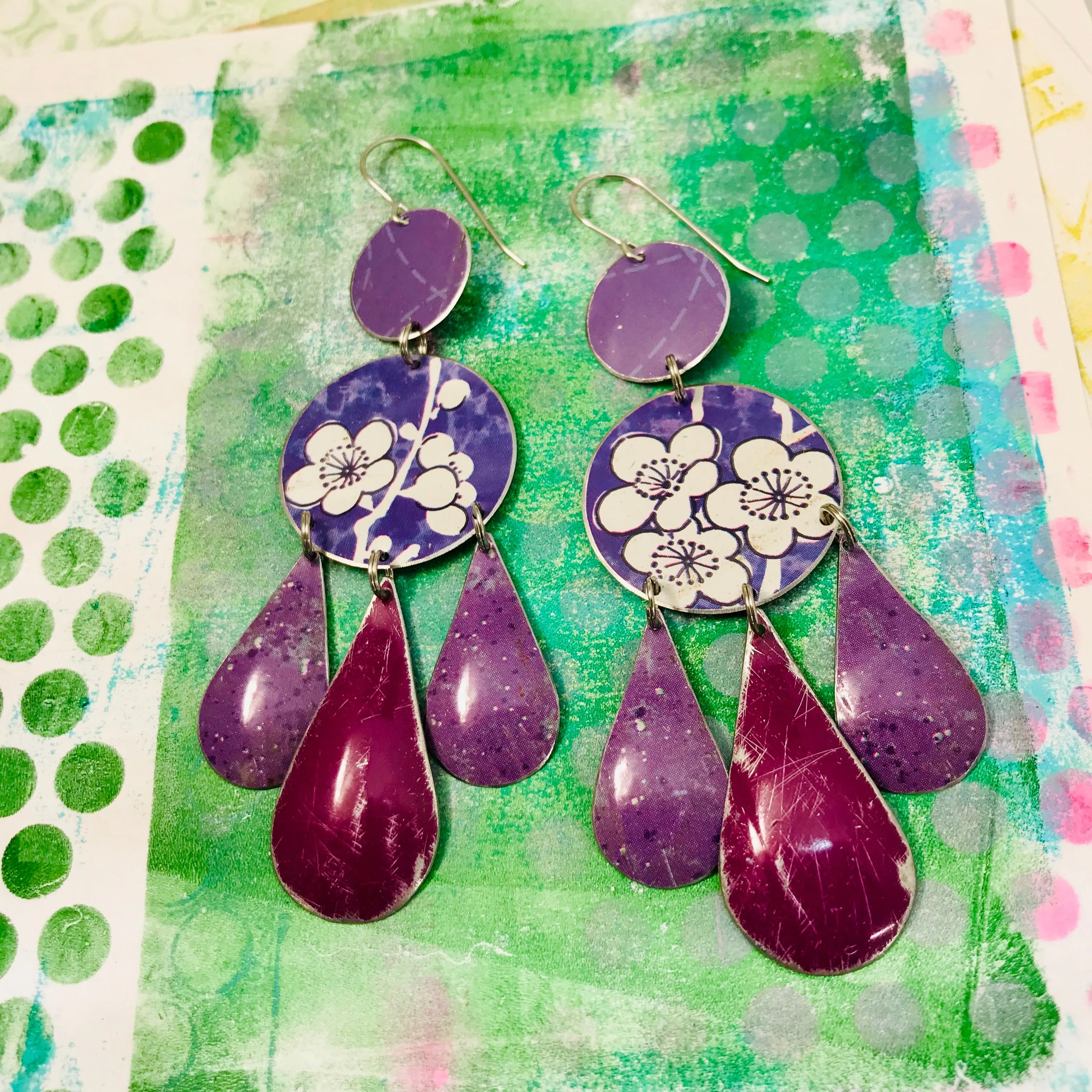 Mixed Purples Upcycled Tin Chandelier Earrings