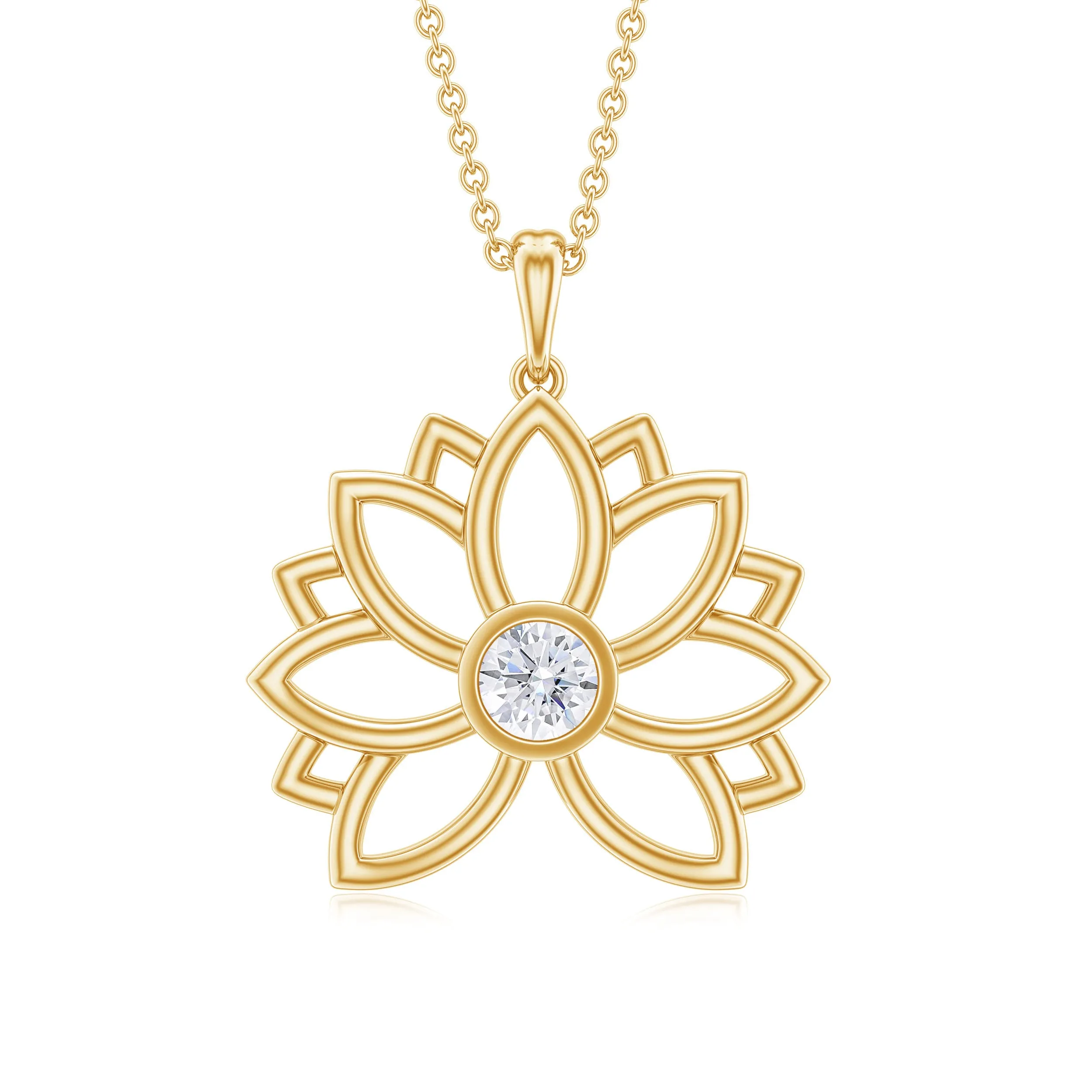 Natural Diamond Gold Lotus Floral Pendant Necklace in Bezel Setting