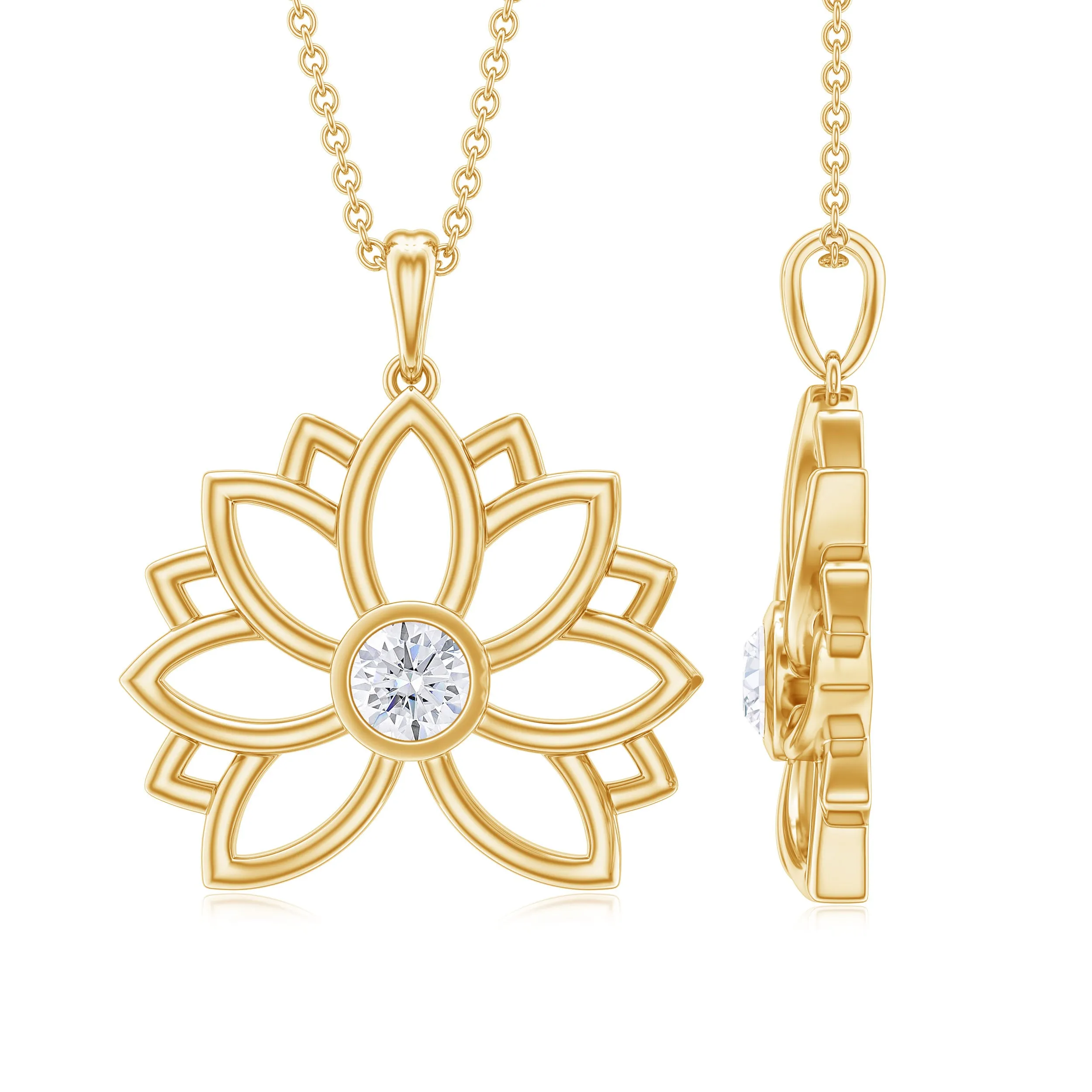 Natural Diamond Gold Lotus Floral Pendant Necklace in Bezel Setting