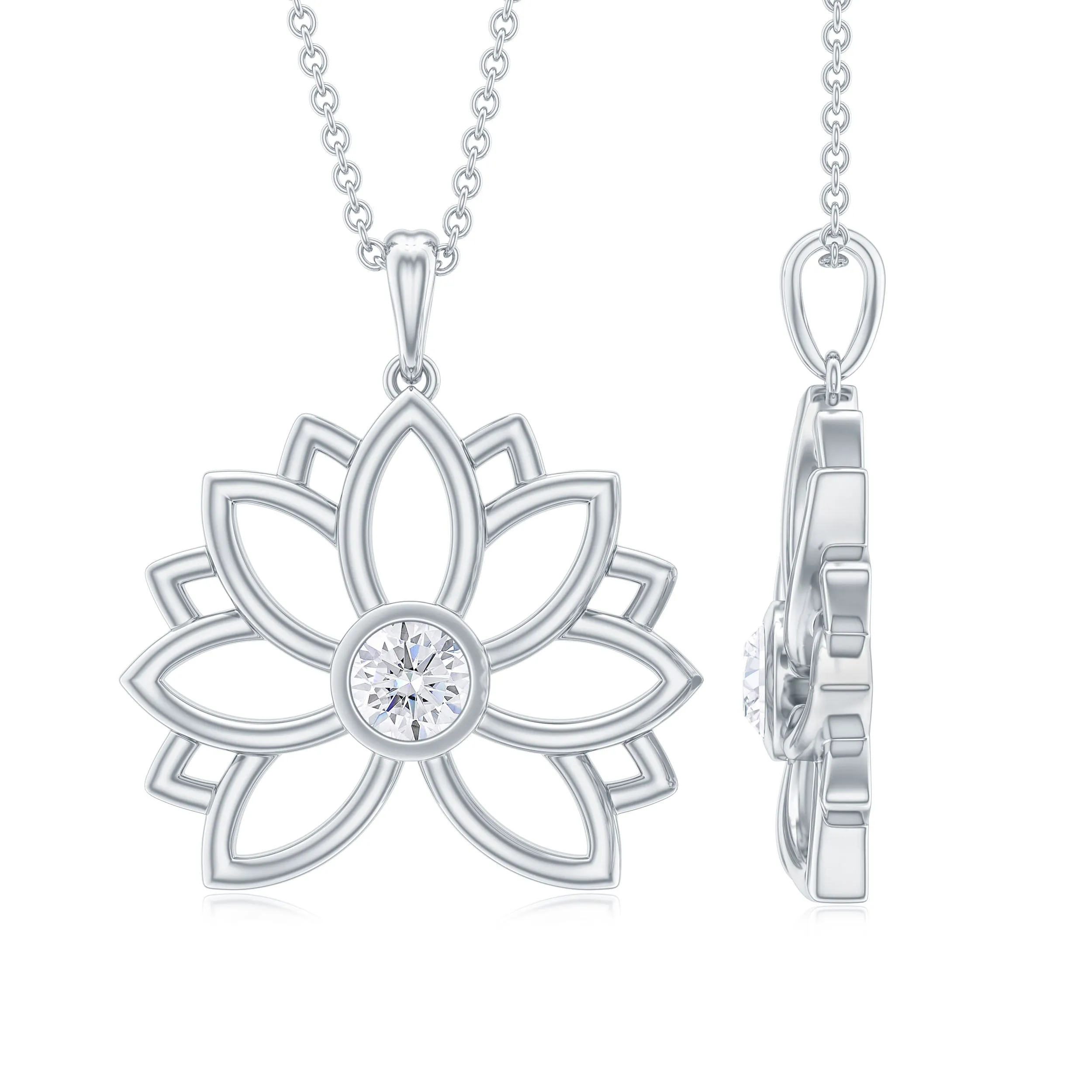 Natural Diamond Gold Lotus Floral Pendant Necklace in Bezel Setting