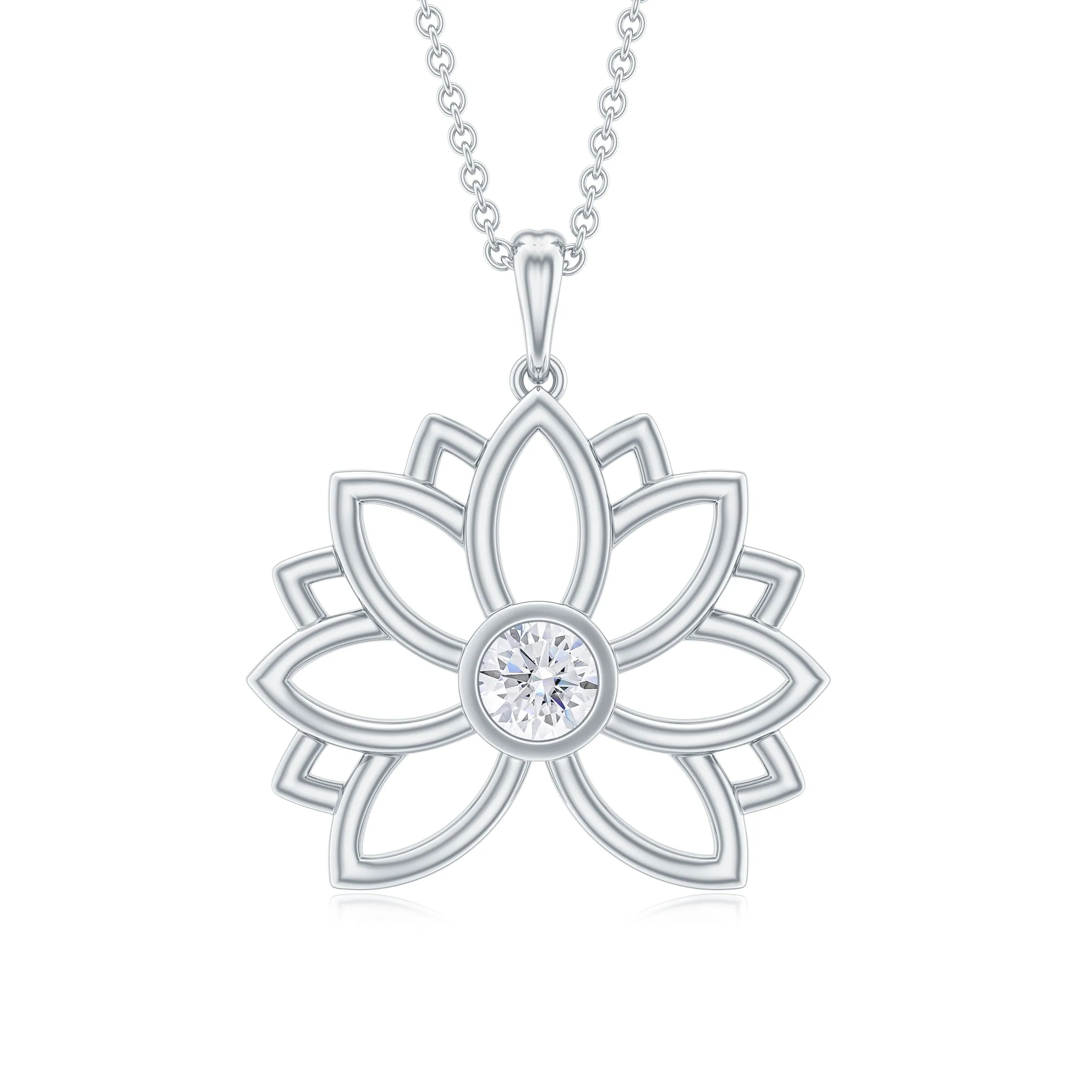 Natural Diamond Gold Lotus Floral Pendant Necklace in Bezel Setting