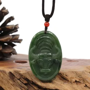 Natural Jade 12 Zodiac: Nephrite Jade Ox Pendant Necklace in Deep Green
