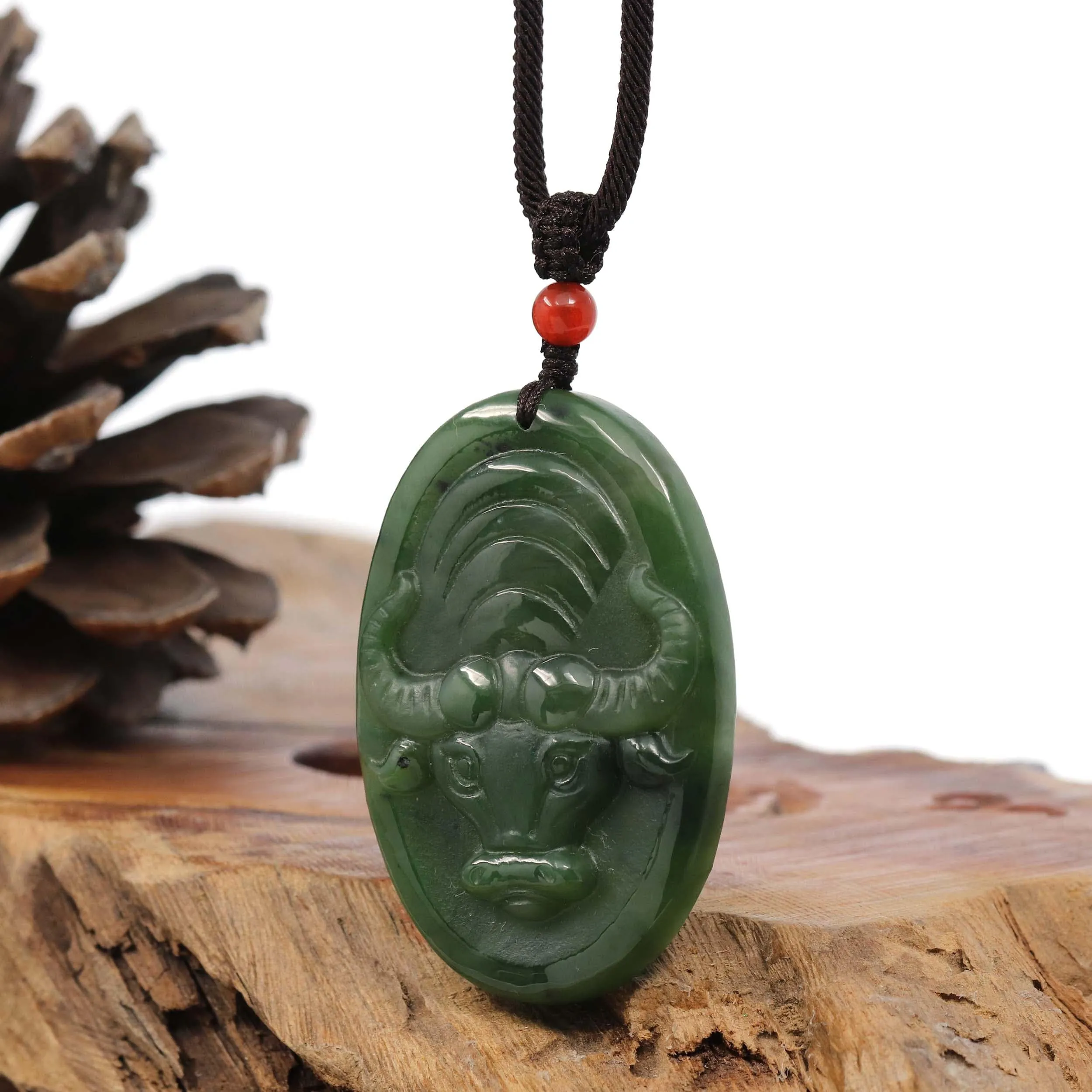 Natural Jade 12 Zodiac: Nephrite Jade Ox Pendant Necklace in Deep Green