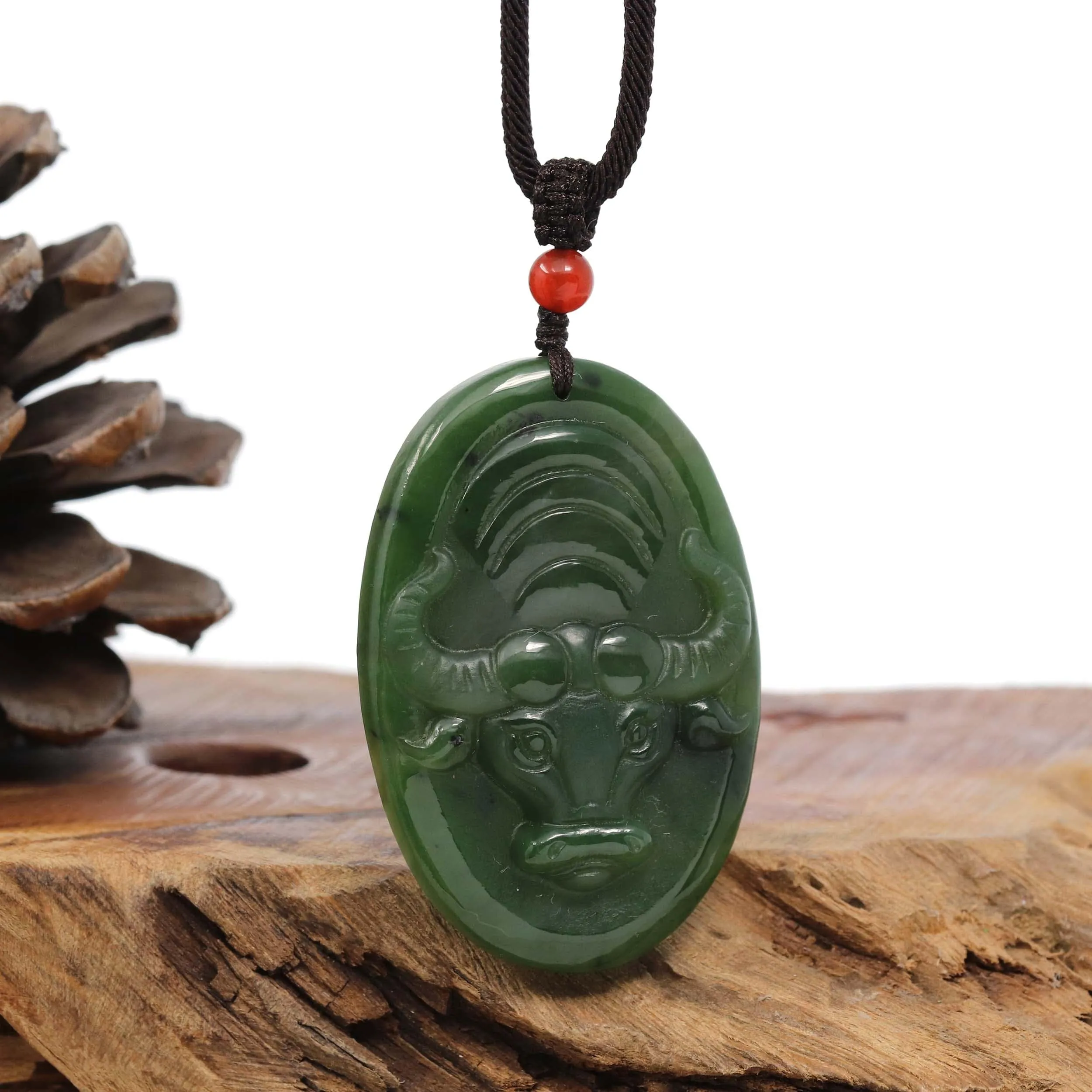 Natural Jade 12 Zodiac: Nephrite Jade Ox Pendant Necklace in Deep Green