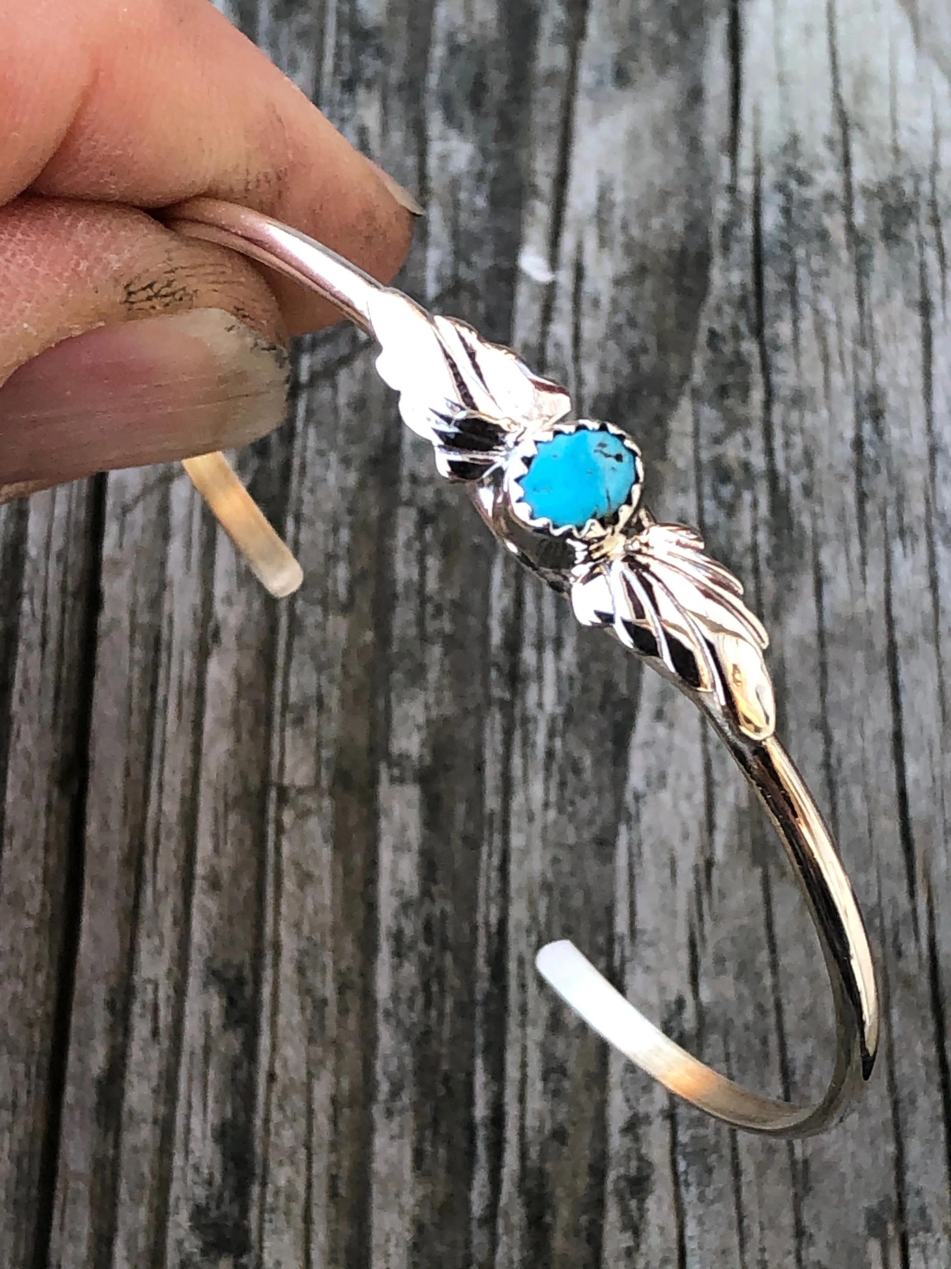 Navajo silver feather fan turquoise bracelet