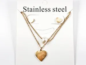 Nice Double Layered Design Pearl & Gold Tone Brush Heart Charm Earring Necklace Steel Set