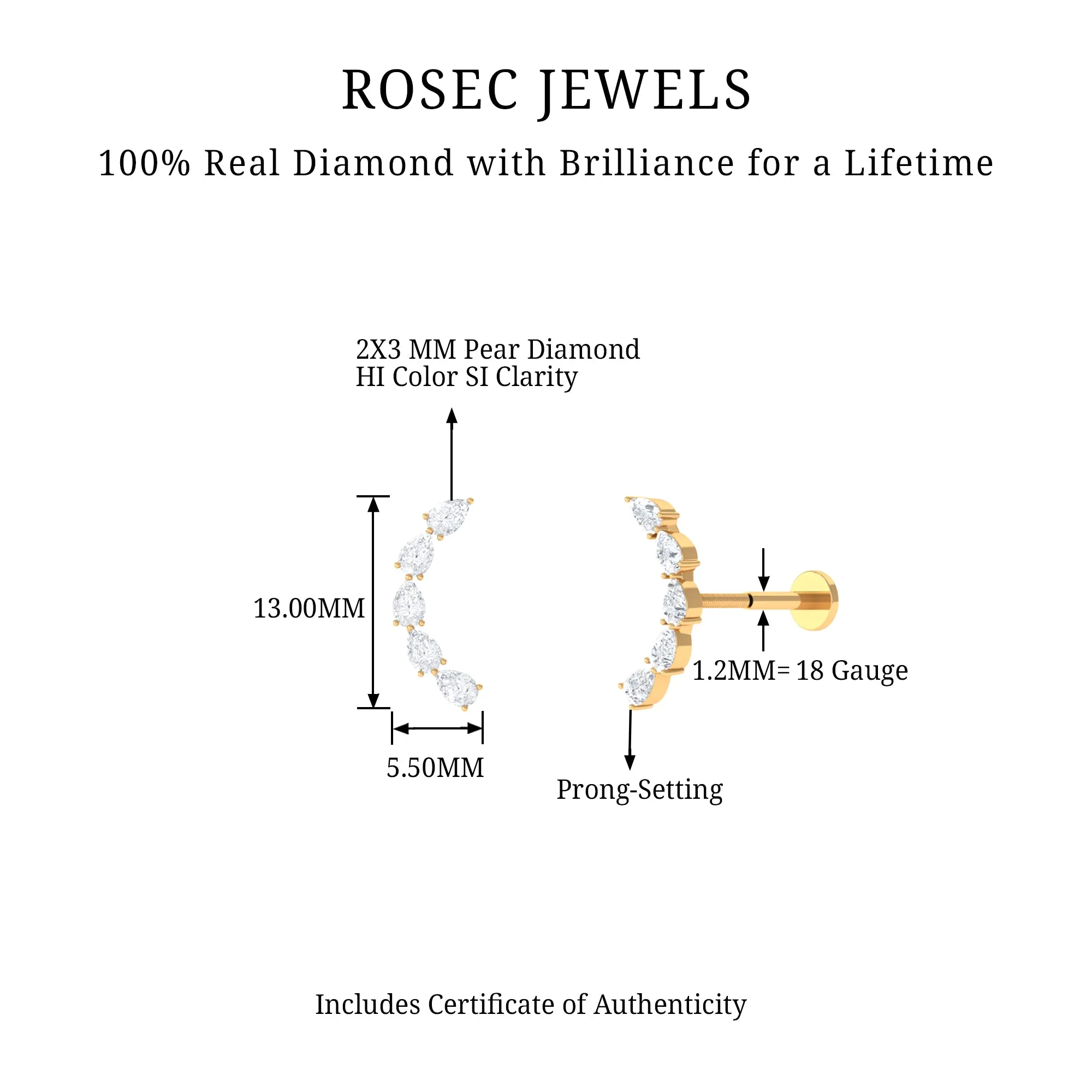 Pear Shape Diamond Crawler Earring for Cartilage Piercing