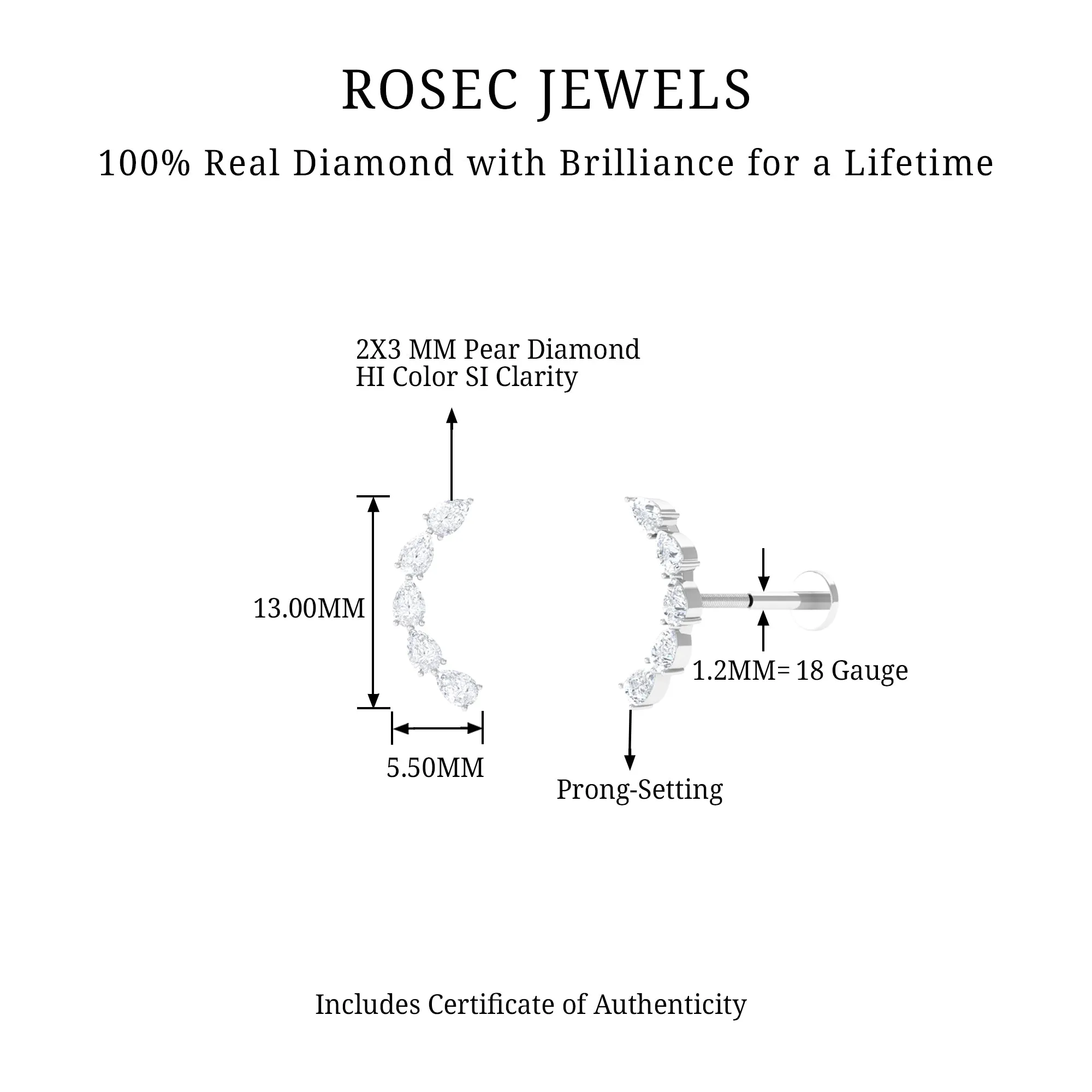 Pear Shape Diamond Crawler Earring for Cartilage Piercing