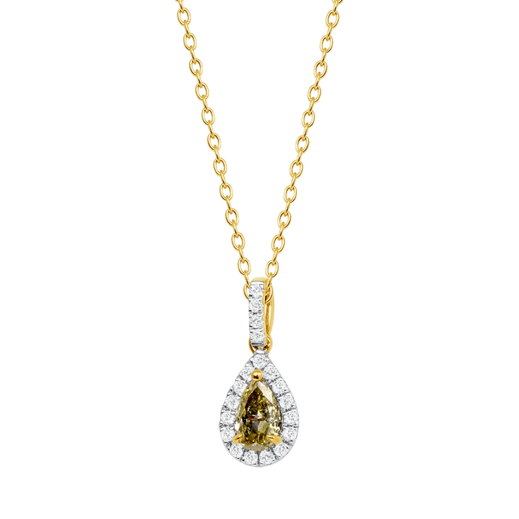 Pear Yellow Diamond 14K Gold Brilliant Halo Necklace