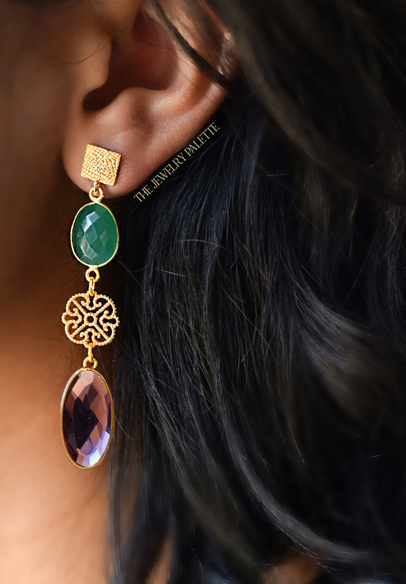 Penelope green and purple gemstone with filigree earrings