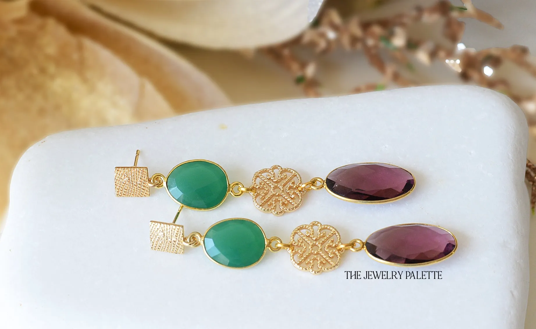 Penelope green and purple gemstone with filigree earrings