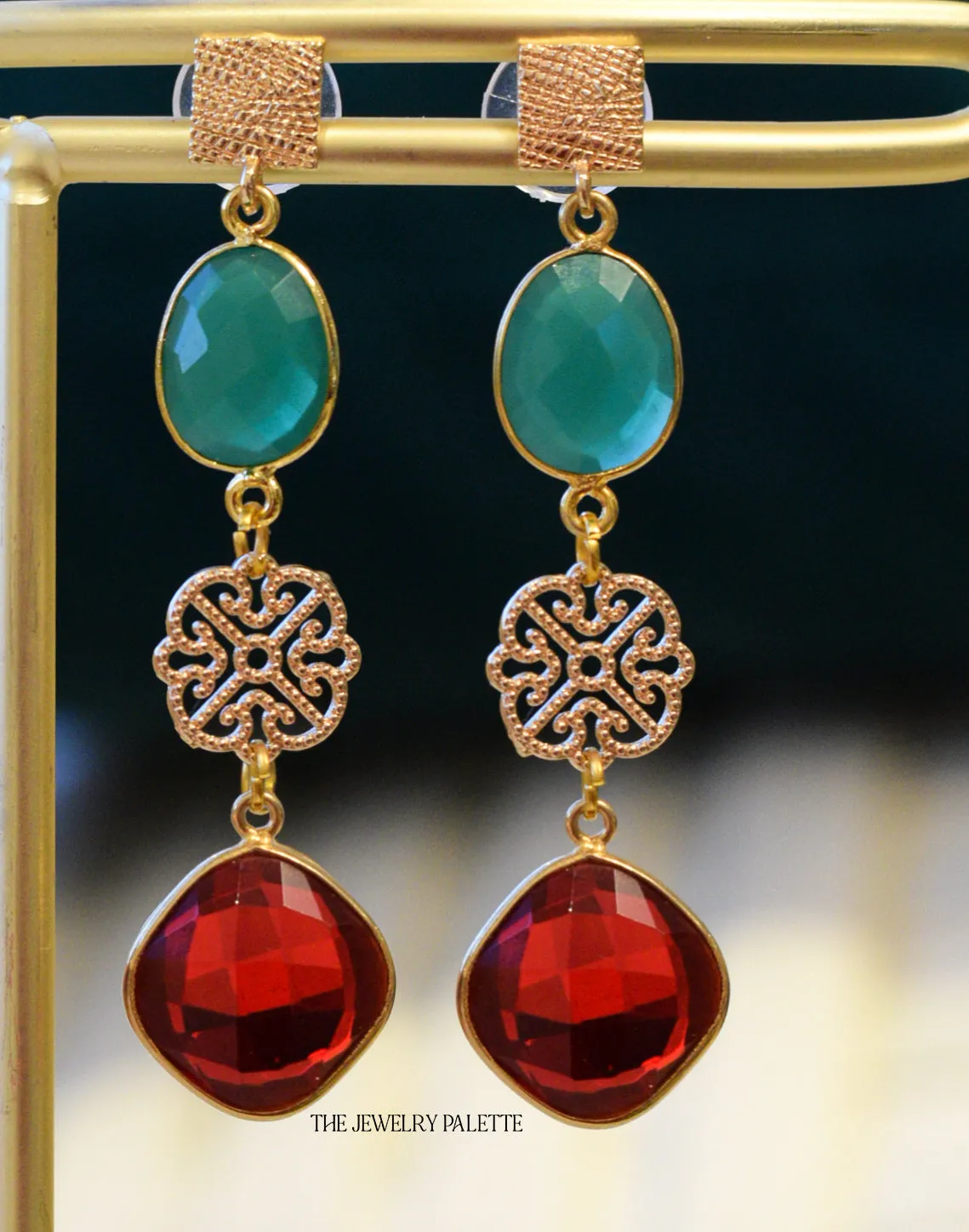 Penelope green and red gemstone with filigree earrings