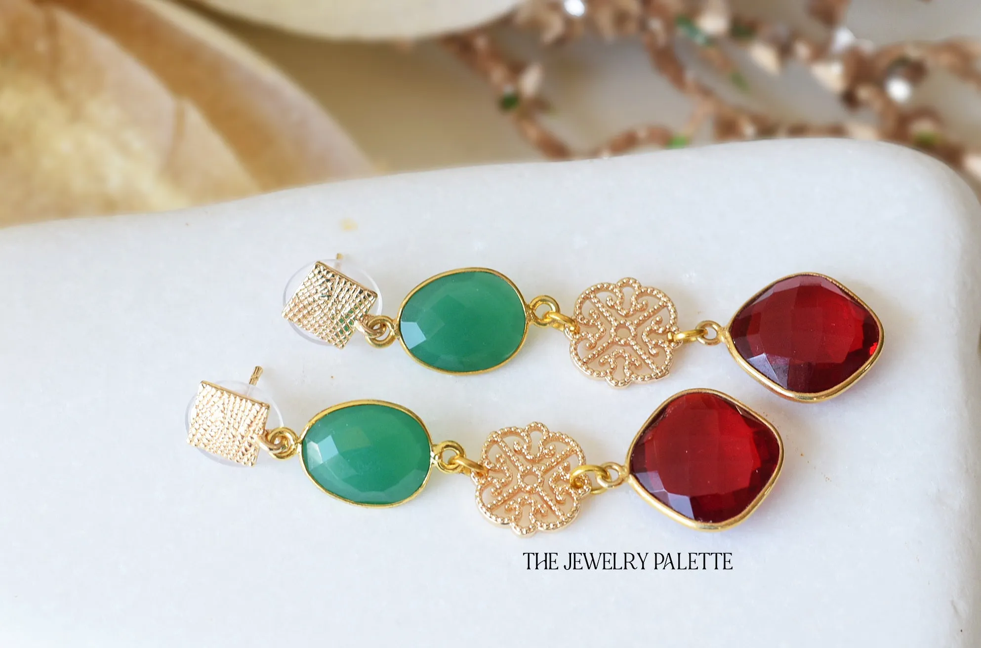 Penelope green and red gemstone with filigree earrings