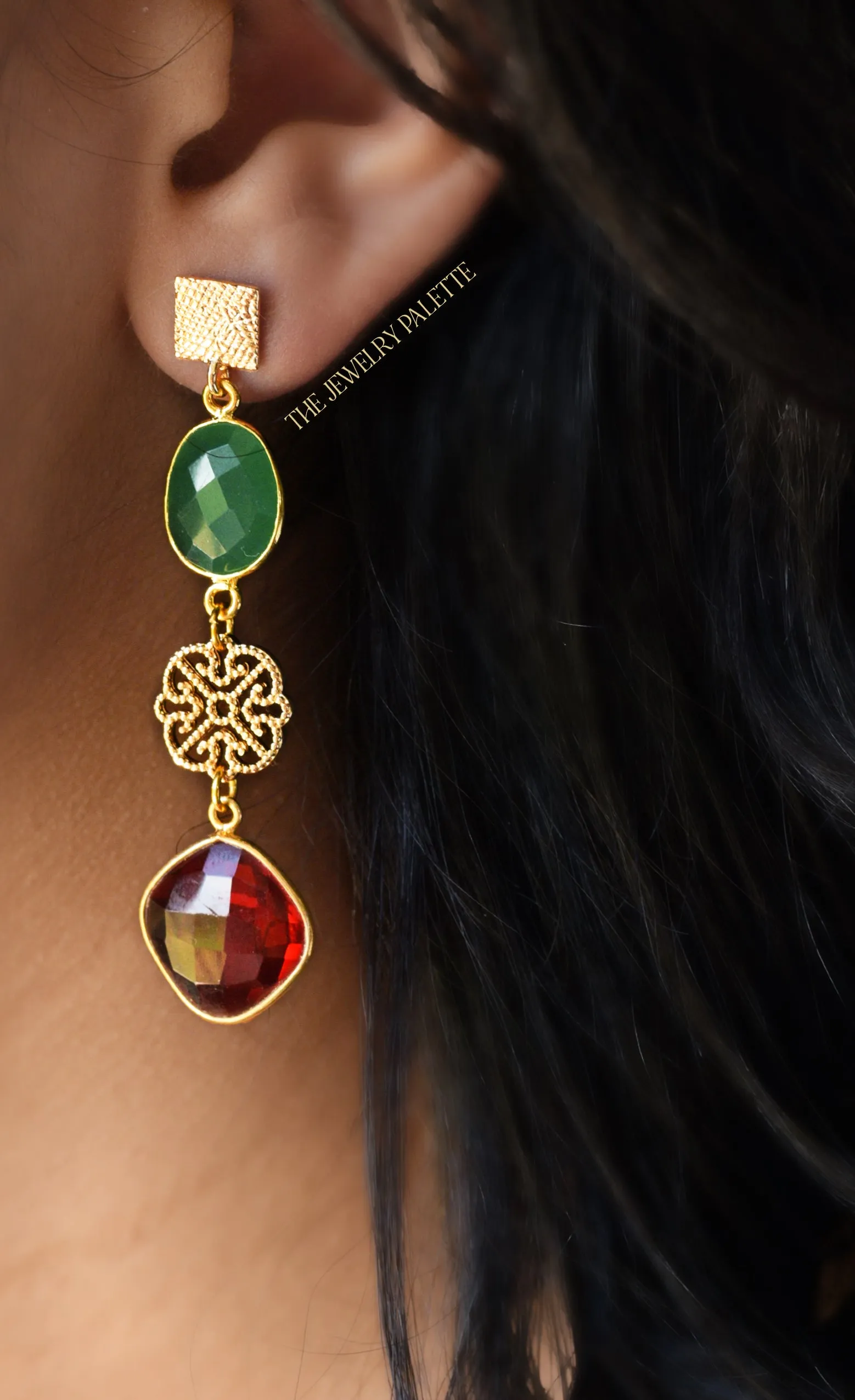 Penelope green and red gemstone with filigree earrings