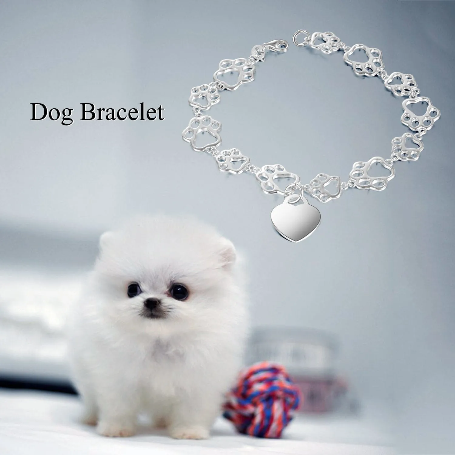 Pet Paw Bracelet with Heart Sterling Silver, Engraveable