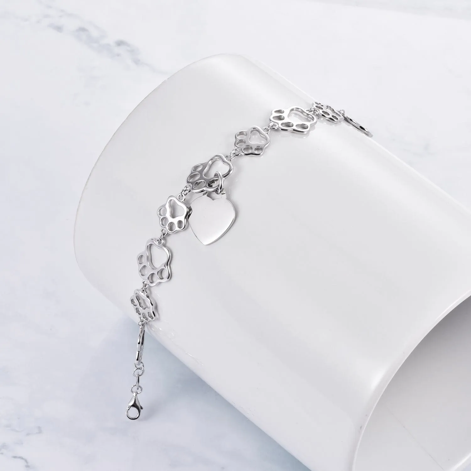 Pet Paw Bracelet with Heart Sterling Silver, Engraveable