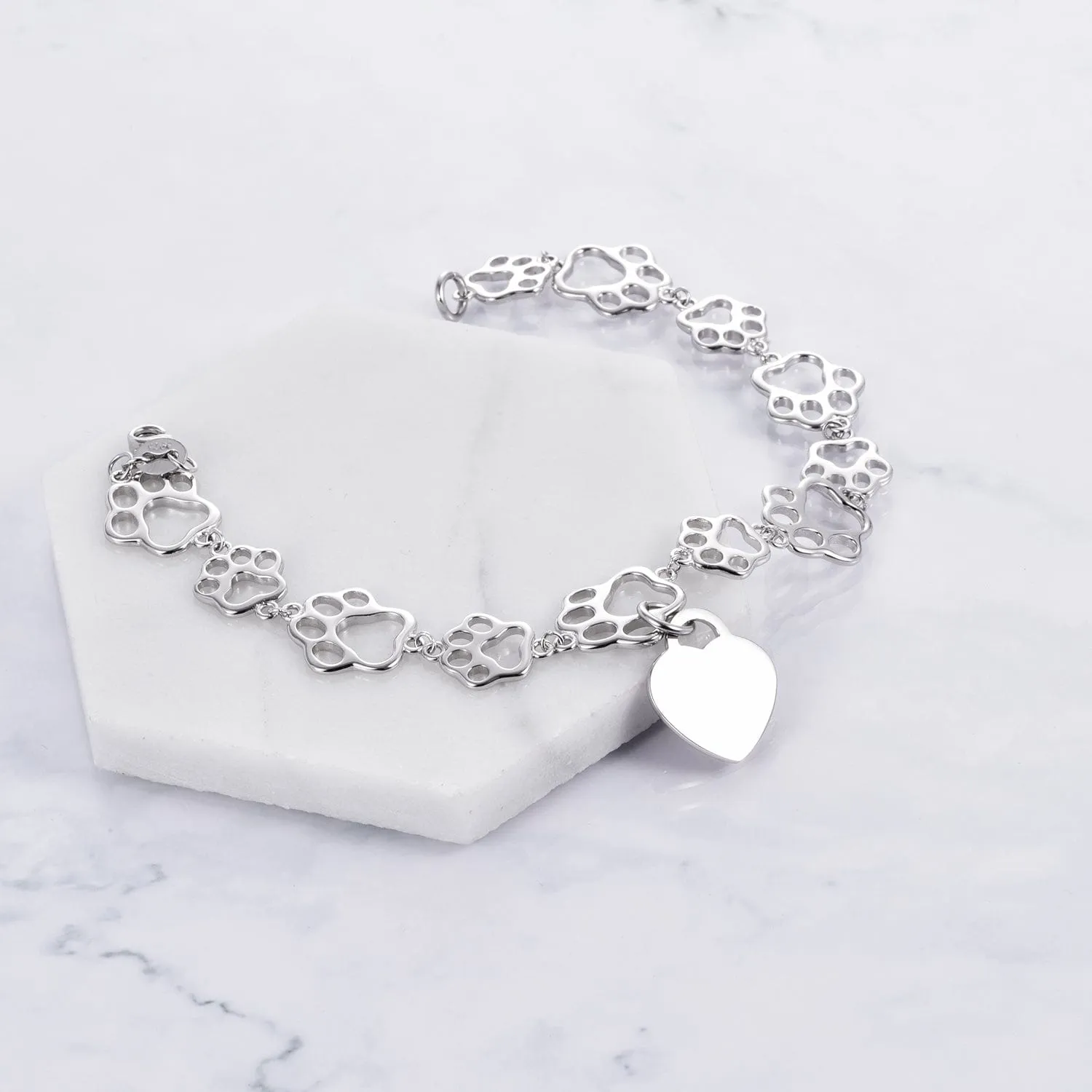 Pet Paw Bracelet with Heart Sterling Silver, Engraveable