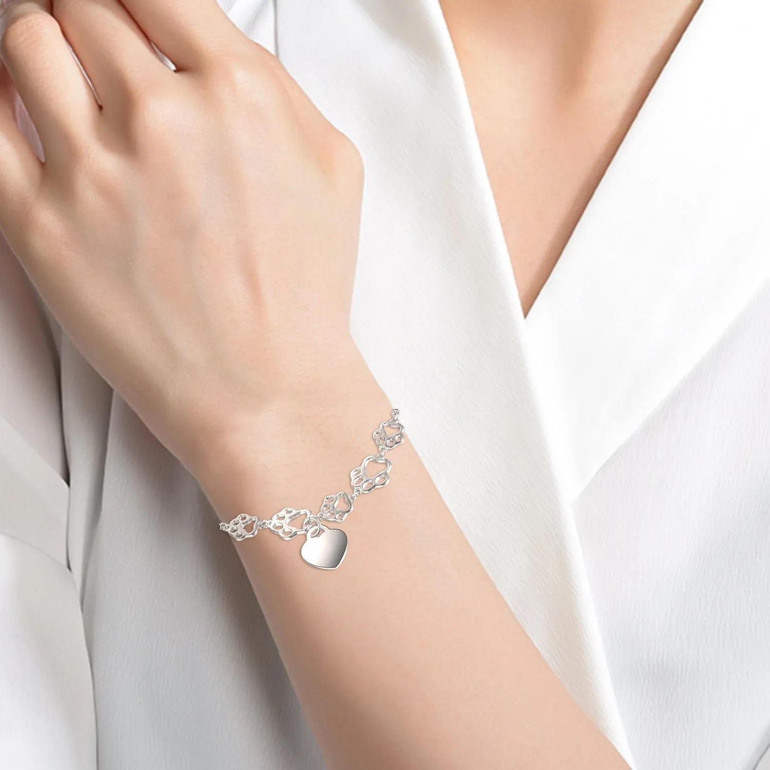 Pet Paw Bracelet with Heart Sterling Silver, Engraveable