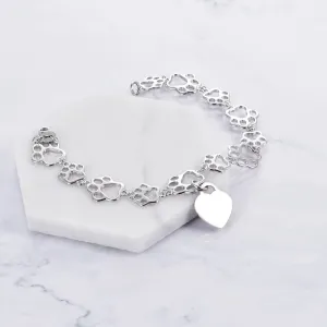 Pet Paw Bracelet with Heart Sterling Silver, Engraveable