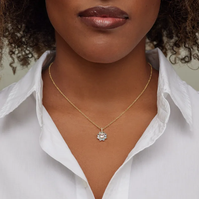 Petite Statement Aquamarine Flower Pendant Necklace with Morganite Center