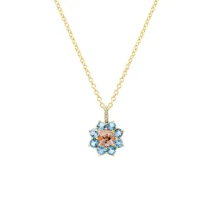 Petite Statement Aquamarine Flower Pendant Necklace with Morganite Center