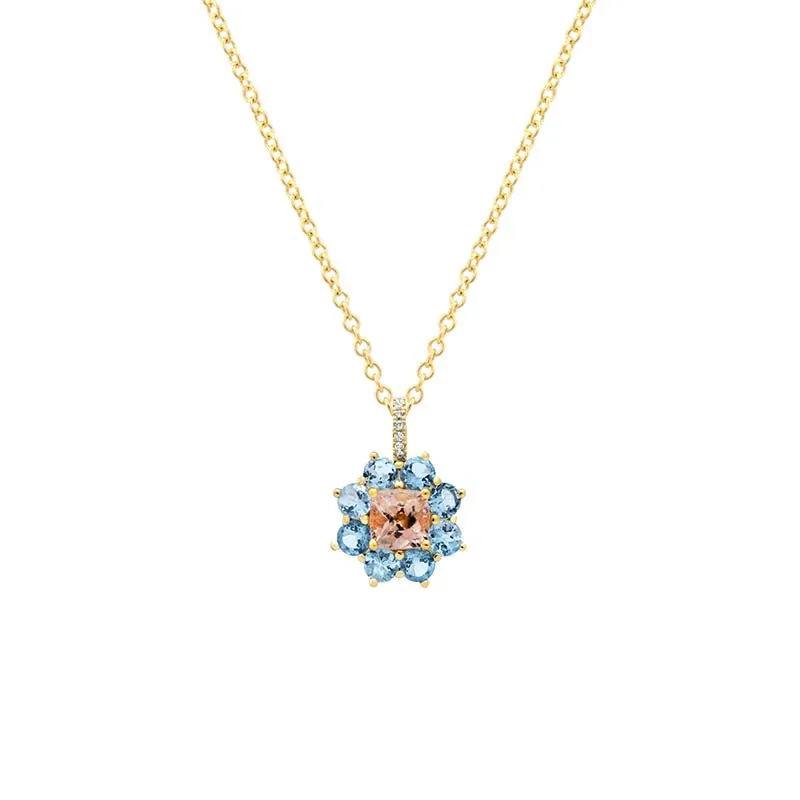 Petite Statement Aquamarine Flower Pendant Necklace with Morganite Center