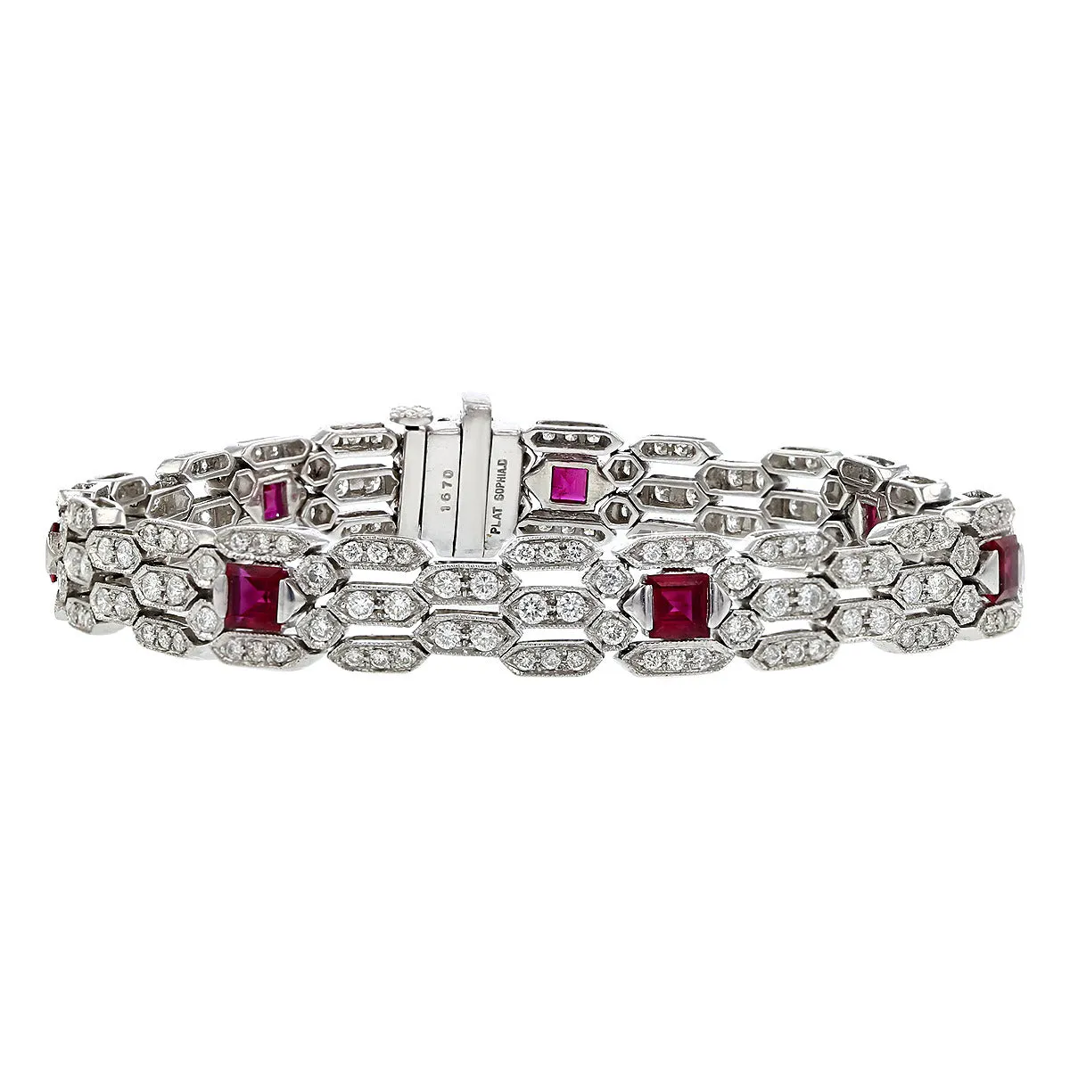 Platinum Diamond and Square-cut Ruby Bracelet
