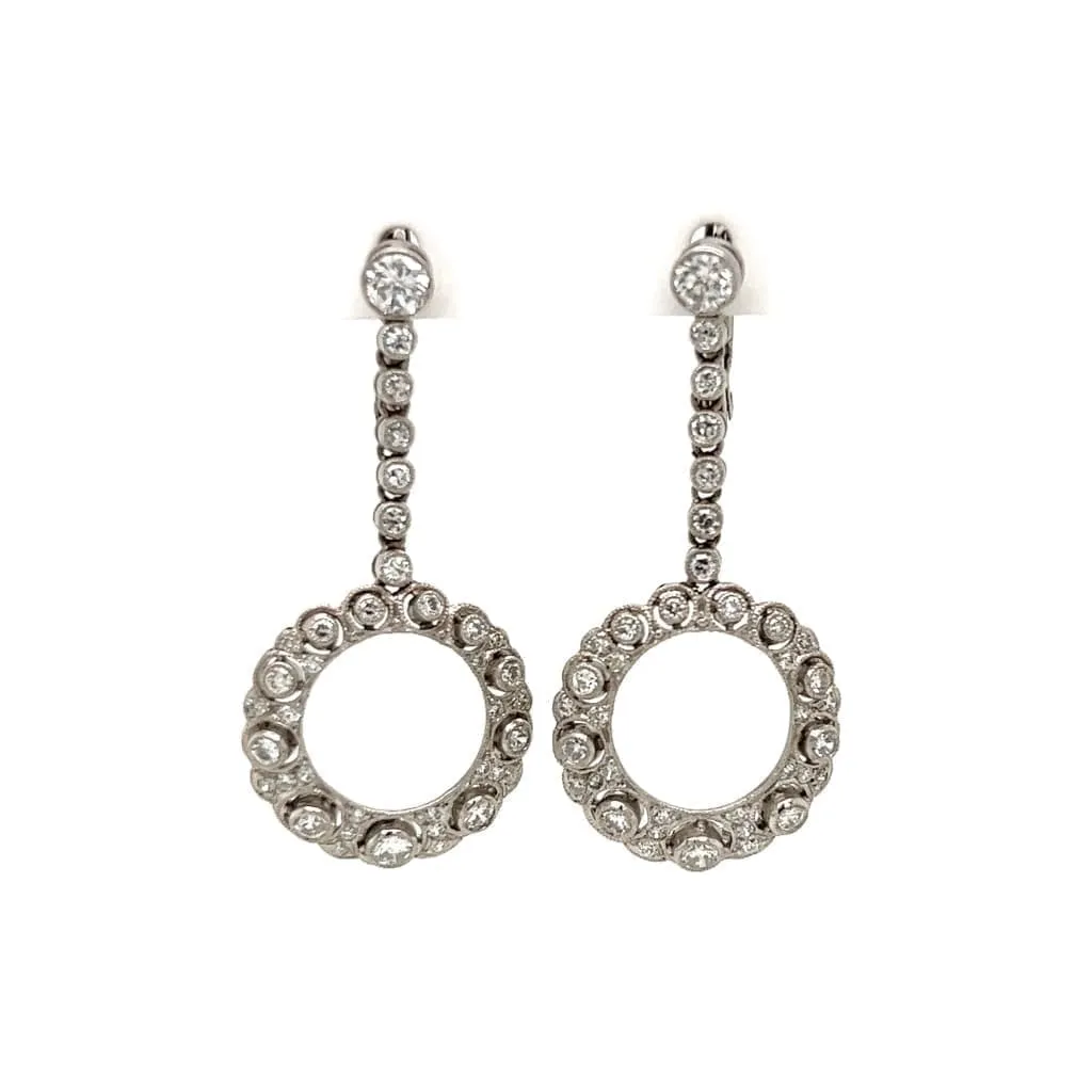 Platinum Open Circle Scalloped Diamond Drop Earrings