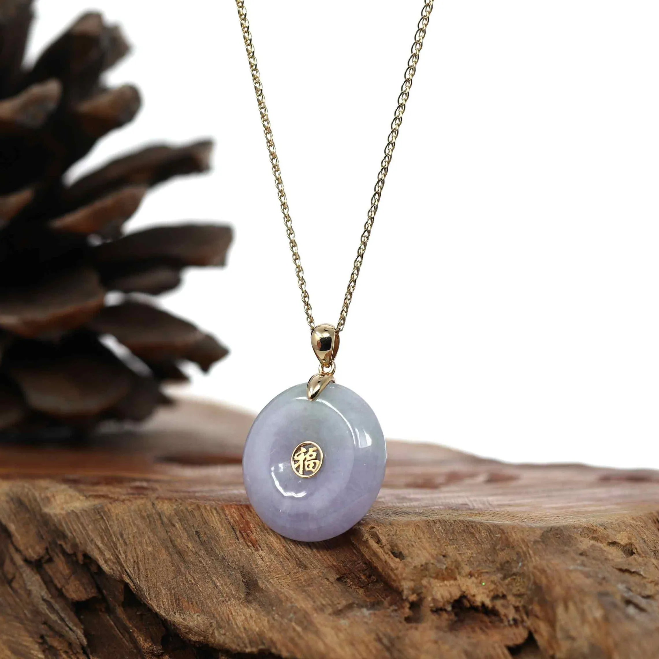 "Good Luck Button" Lavender & Green Jadeite Jade Lucky KouKou Pendant With 14K Yellow Gold Bail
