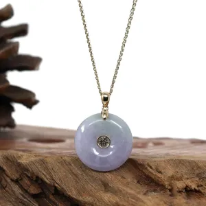 "Good Luck Button" Lavender & Green Jadeite Jade Lucky KouKou Pendant With 14K Yellow Gold Bail