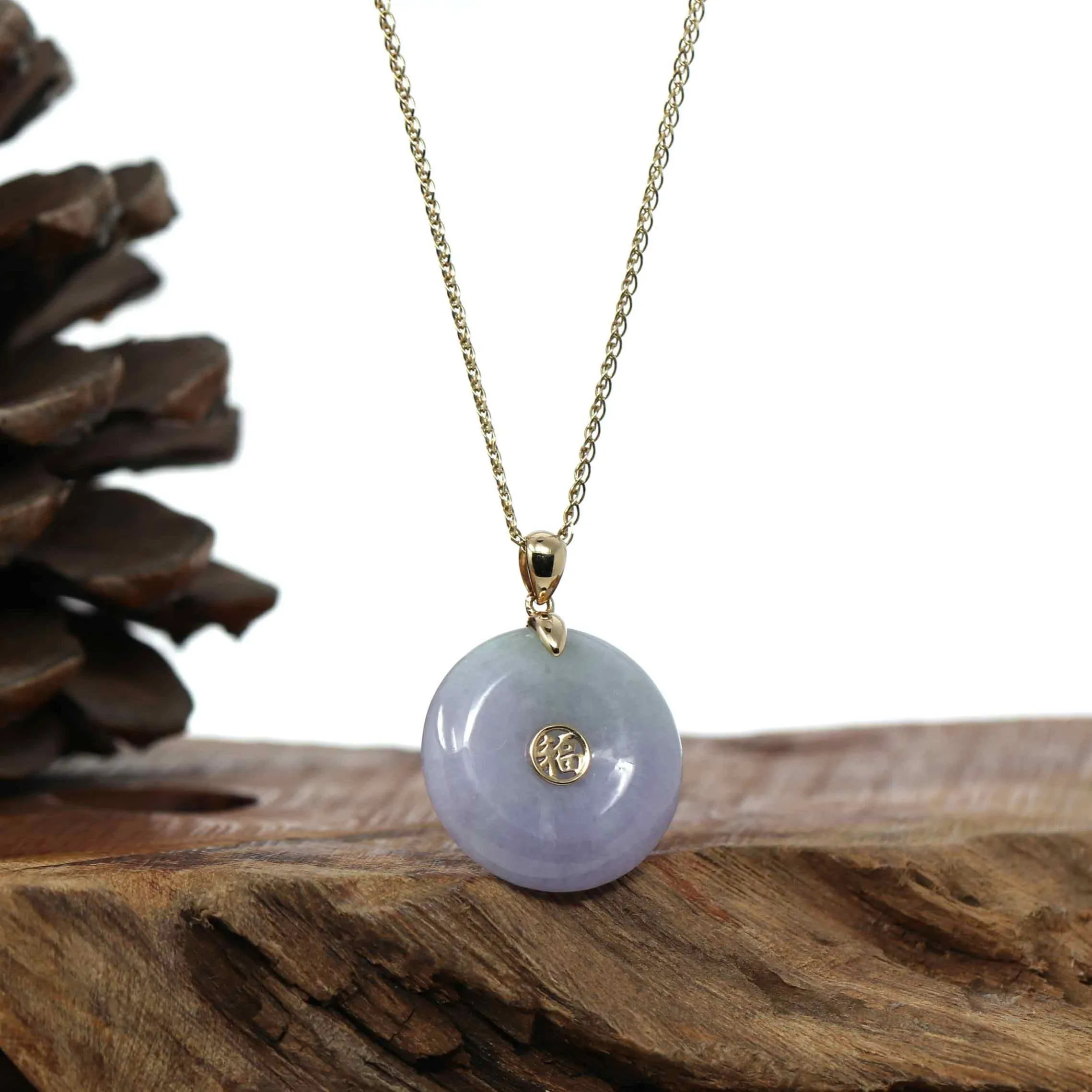 "Good Luck Button" Lavender & Green Jadeite Jade Lucky KouKou Pendant With 14K Yellow Gold Bail