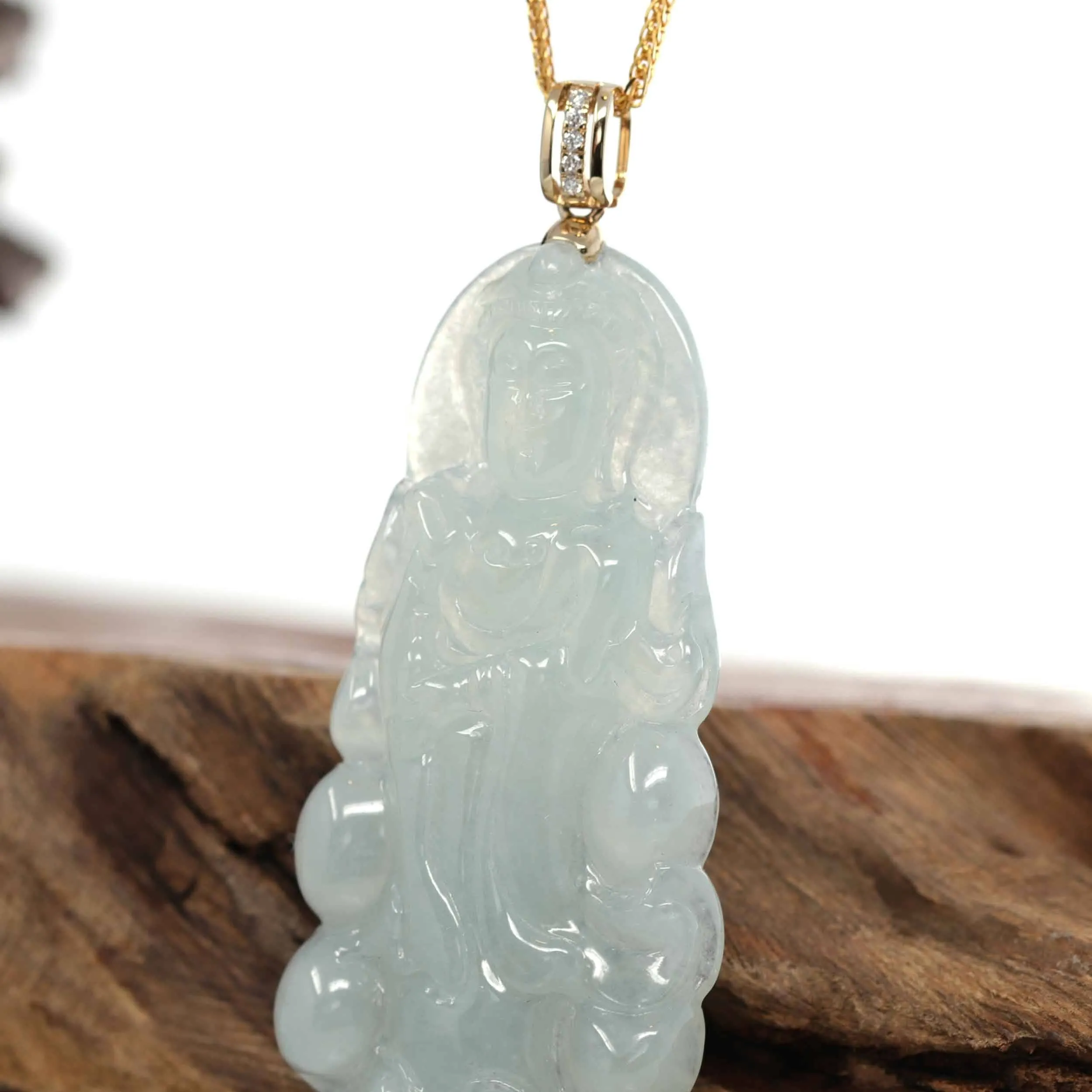 RealJade® 14k Yellow Gold "Goddess of Compassion" Genuine Ice Burmese Jadeite Jade Guanyin Necklace With Gold Diamond Bail