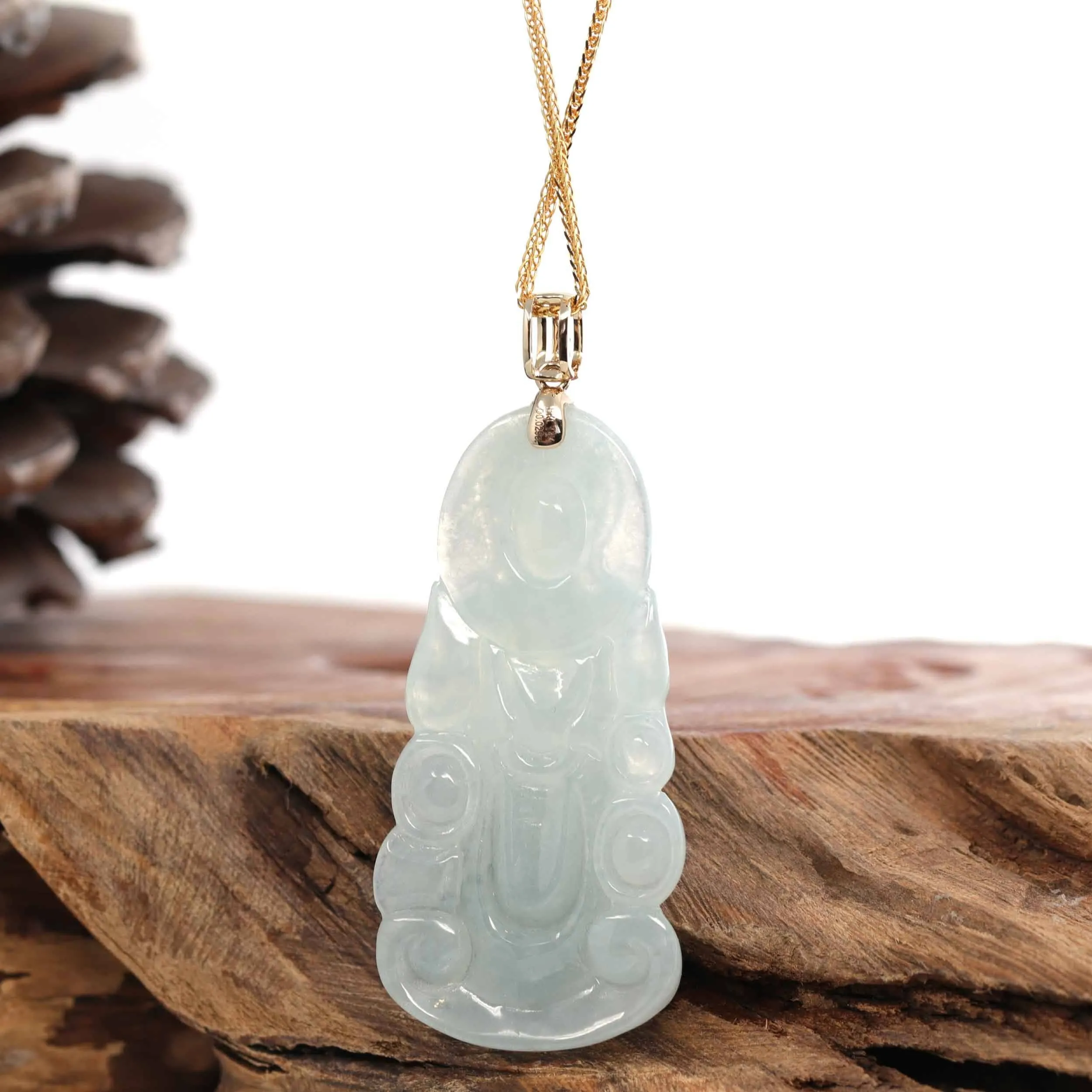 RealJade® 14k Yellow Gold "Goddess of Compassion" Genuine Ice Burmese Jadeite Jade Guanyin Necklace With Gold Diamond Bail