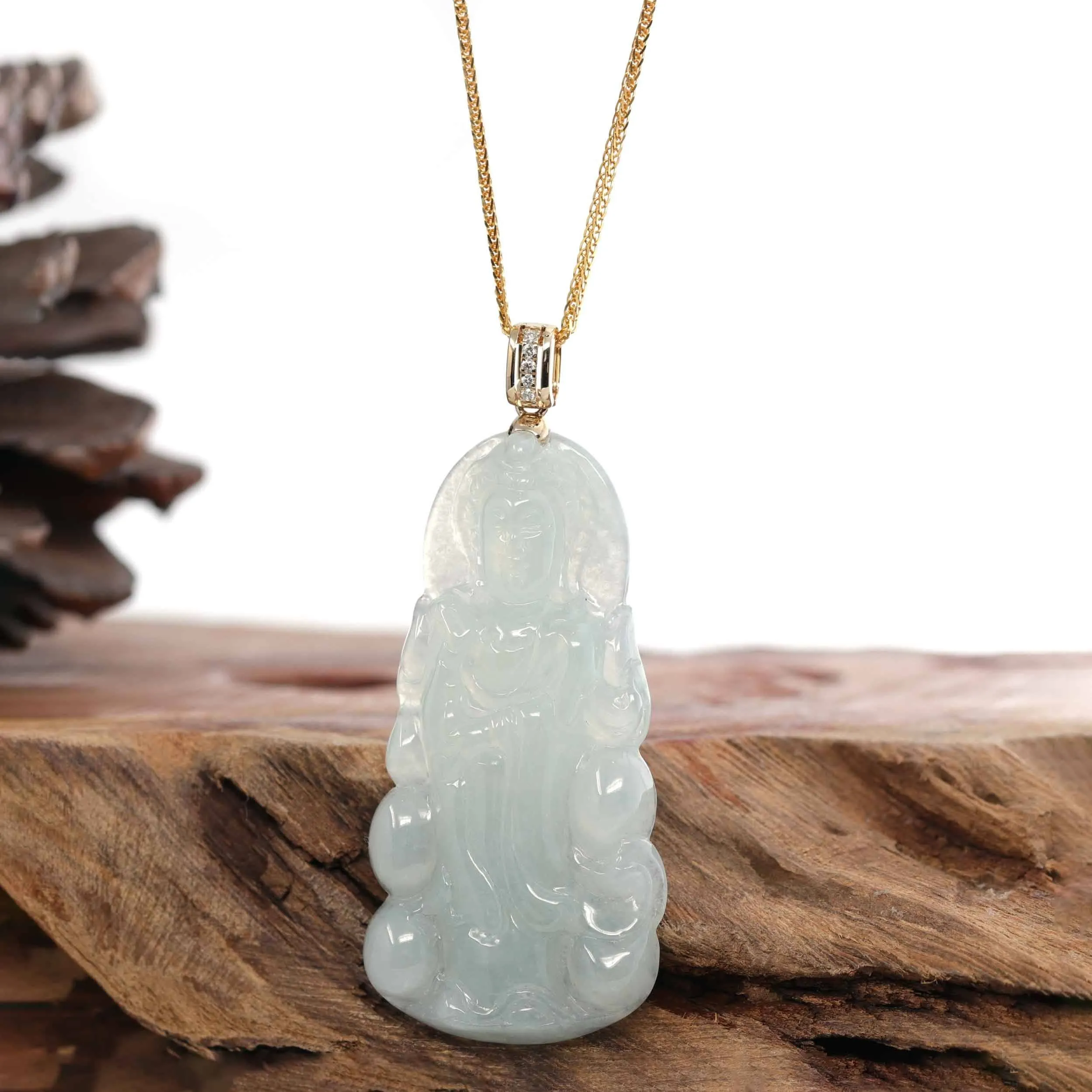 RealJade® 14k Yellow Gold "Goddess of Compassion" Genuine Ice Burmese Jadeite Jade Guanyin Necklace With Gold Diamond Bail