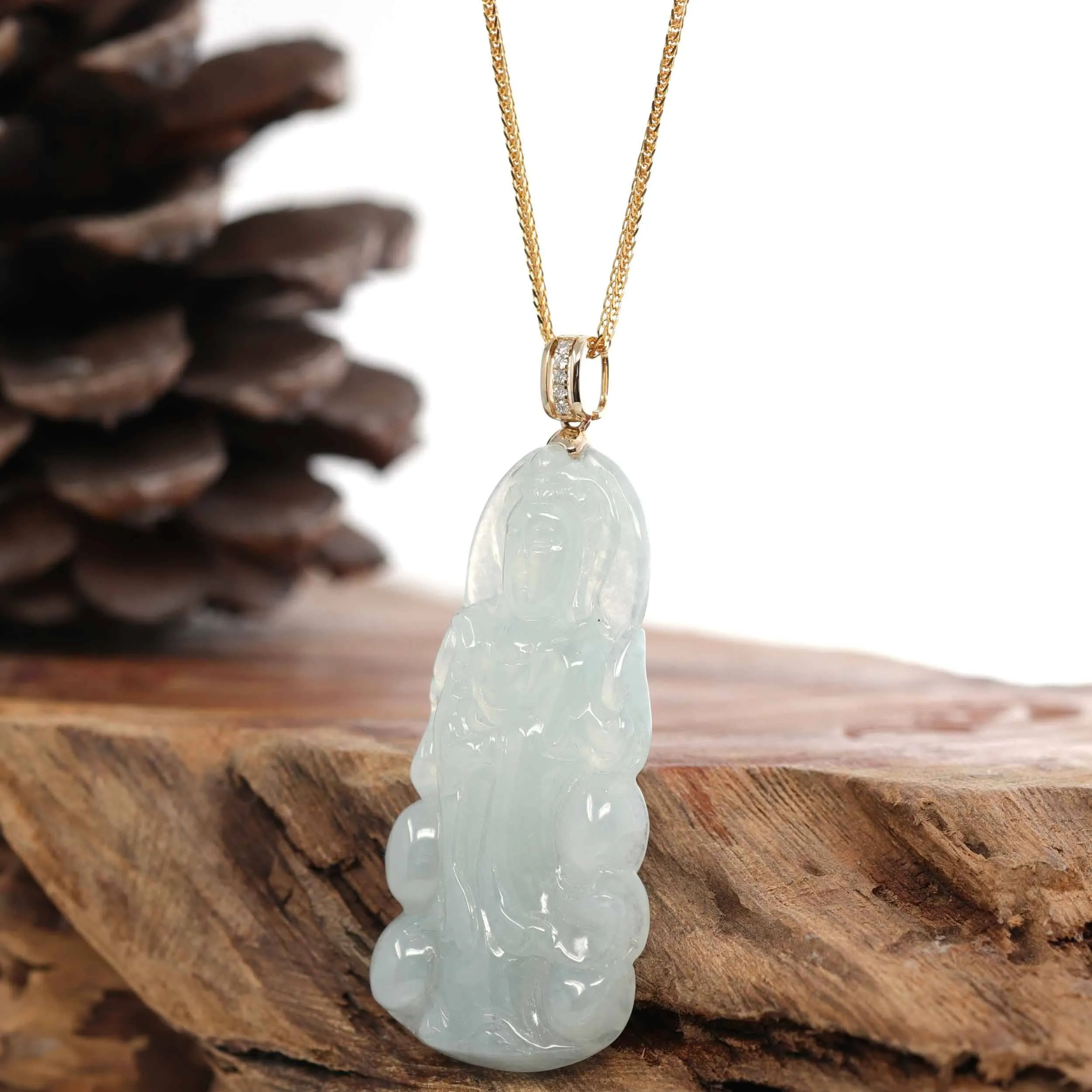RealJade® 14k Yellow Gold "Goddess of Compassion" Genuine Ice Burmese Jadeite Jade Guanyin Necklace With Gold Diamond Bail