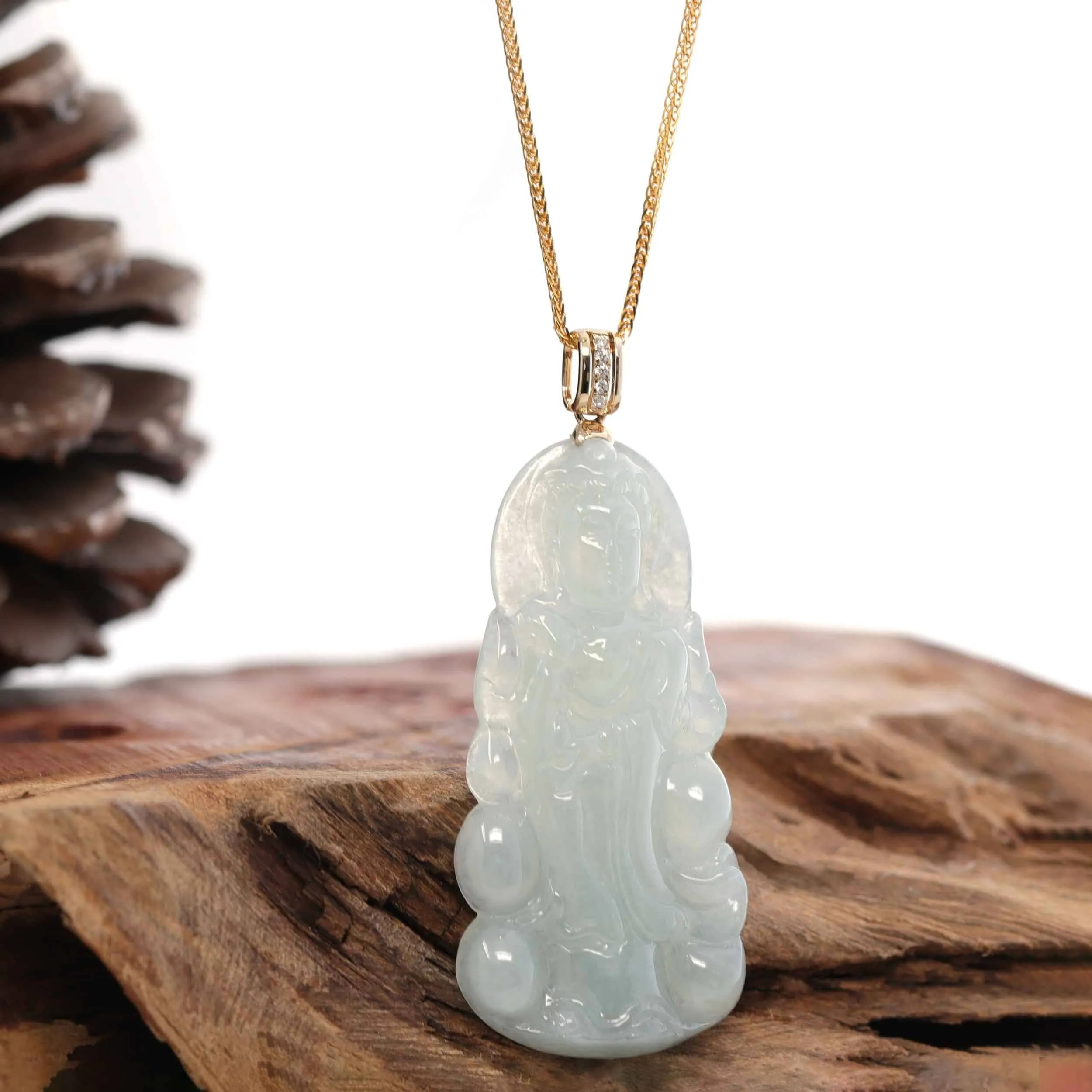 RealJade® 14k Yellow Gold "Goddess of Compassion" Genuine Ice Burmese Jadeite Jade Guanyin Necklace With Gold Diamond Bail