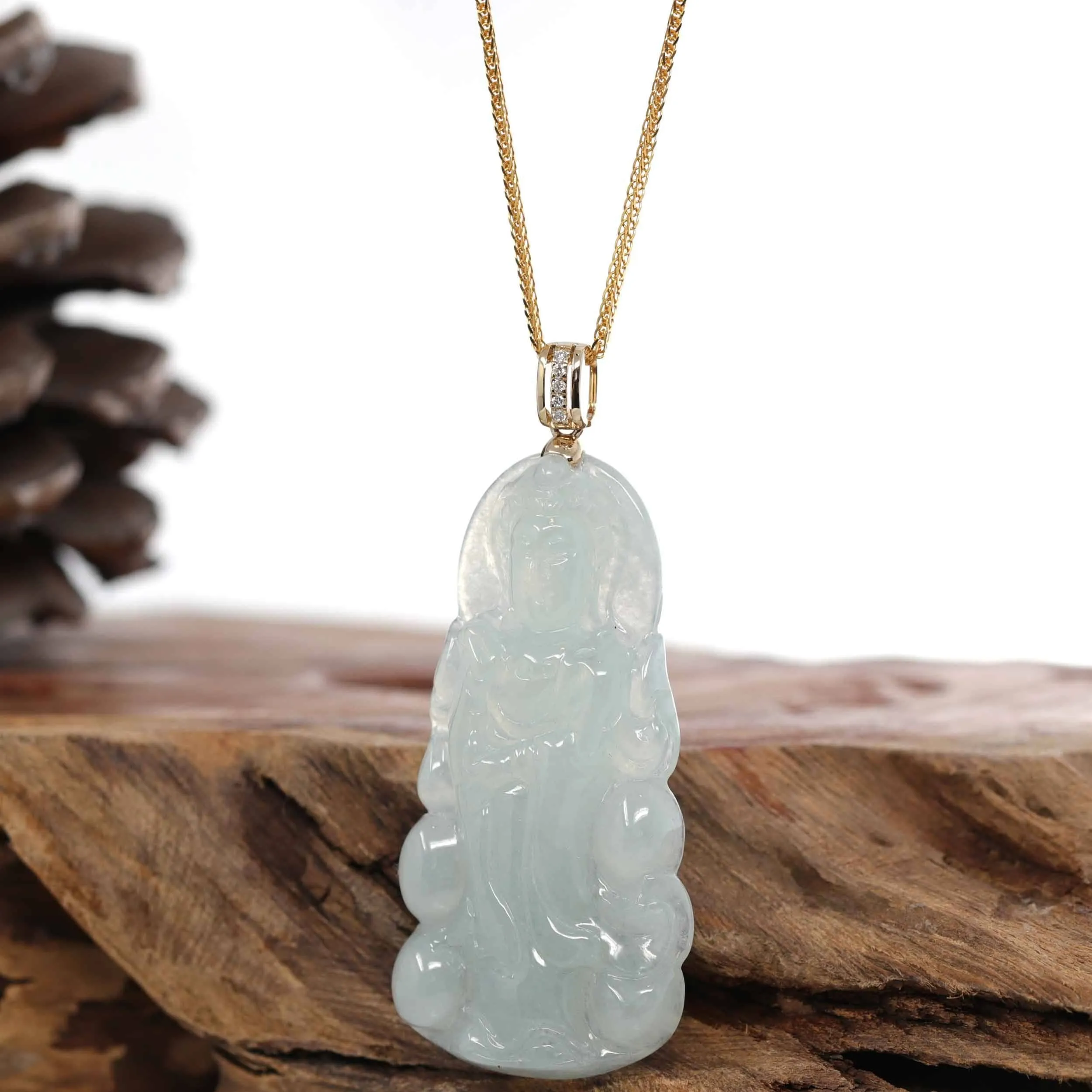 RealJade® 14k Yellow Gold "Goddess of Compassion" Genuine Ice Burmese Jadeite Jade Guanyin Necklace With Gold Diamond Bail