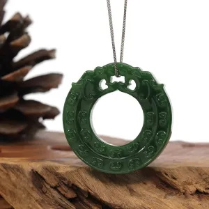 RealJade® Co. " Double Dragon Good Fortune" Carving Pendant Necklace Natural Nephrite Jade