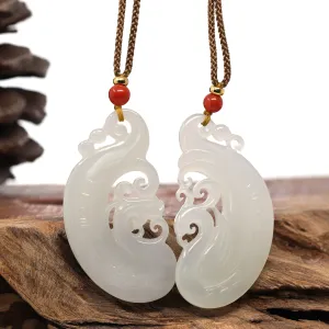 RealJade® "Classic Dragon & Phoenix" Genuine HeTian White Nephrite Jade LongFeng Pendant Necklace