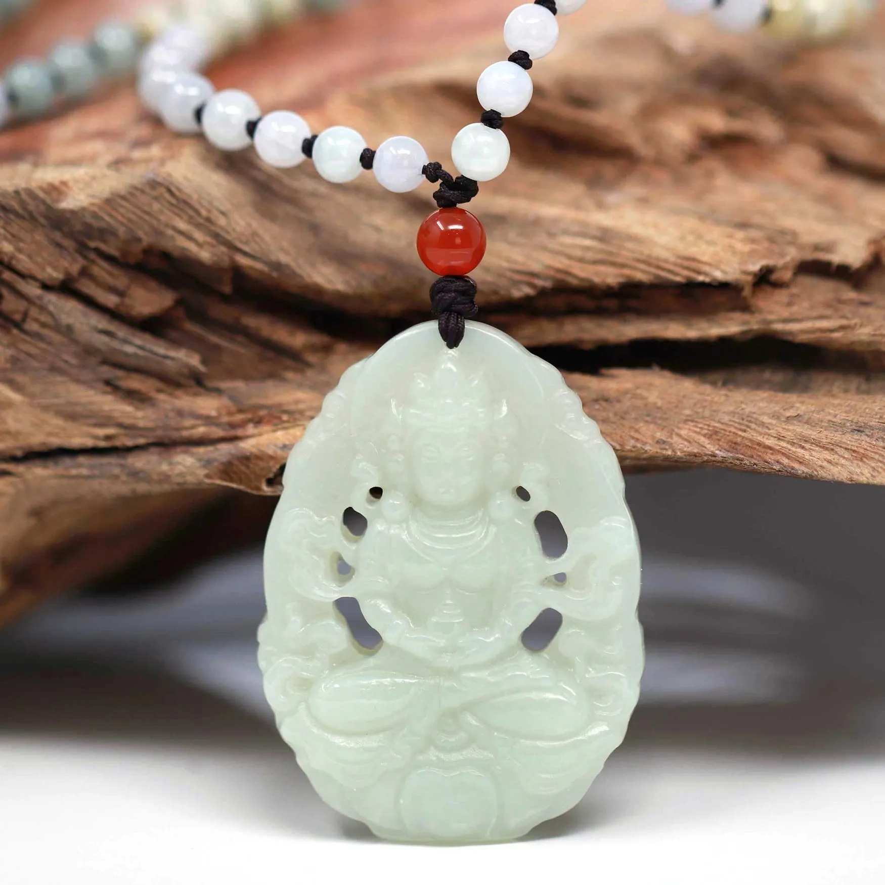 RealJade® "Goddess of Compassion: Guan Yin" Genuine HeTian White Nephrite Jade GuanYin Carving Pendant Necklace