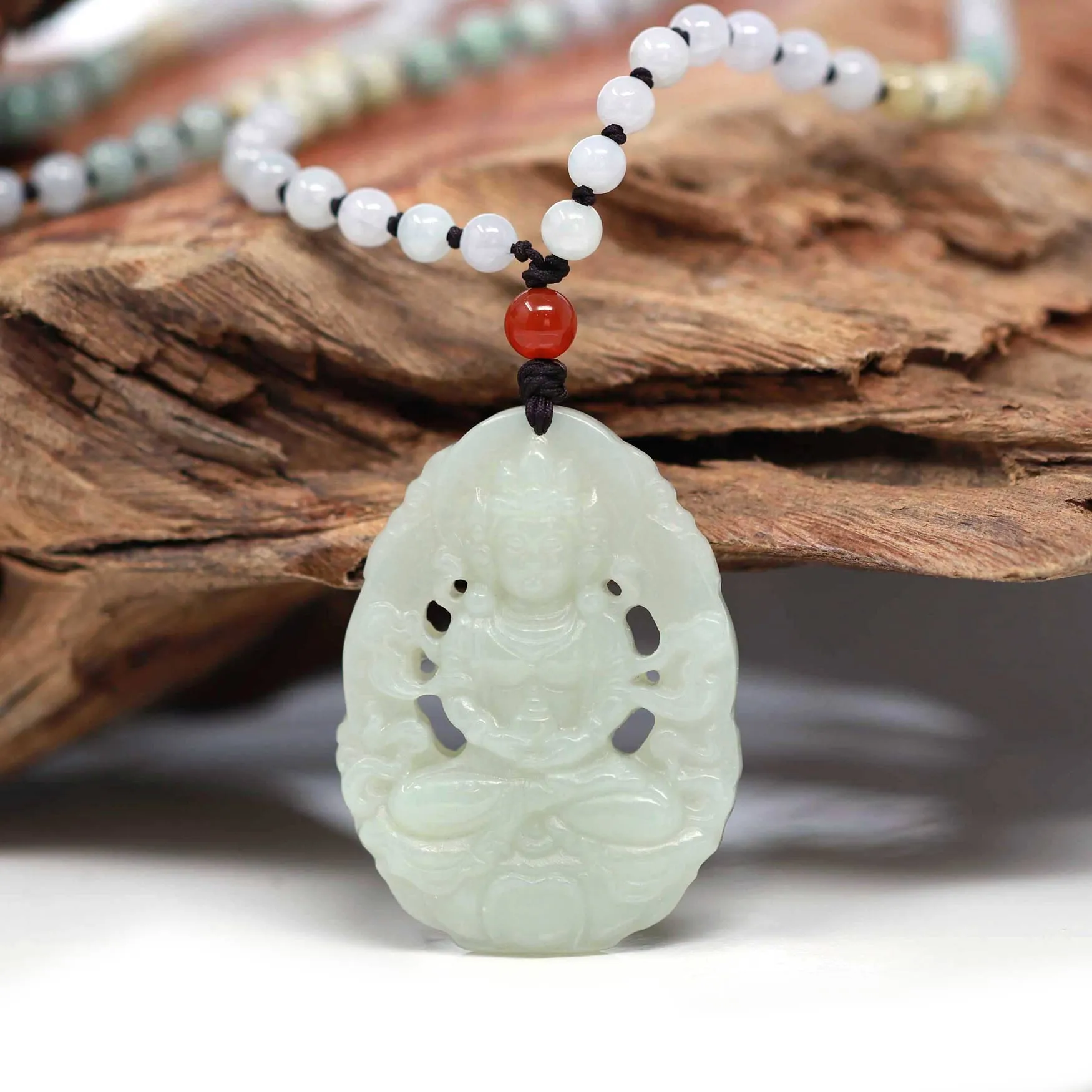 RealJade® "Goddess of Compassion: Guan Yin" Genuine HeTian White Nephrite Jade GuanYin Carving Pendant Necklace