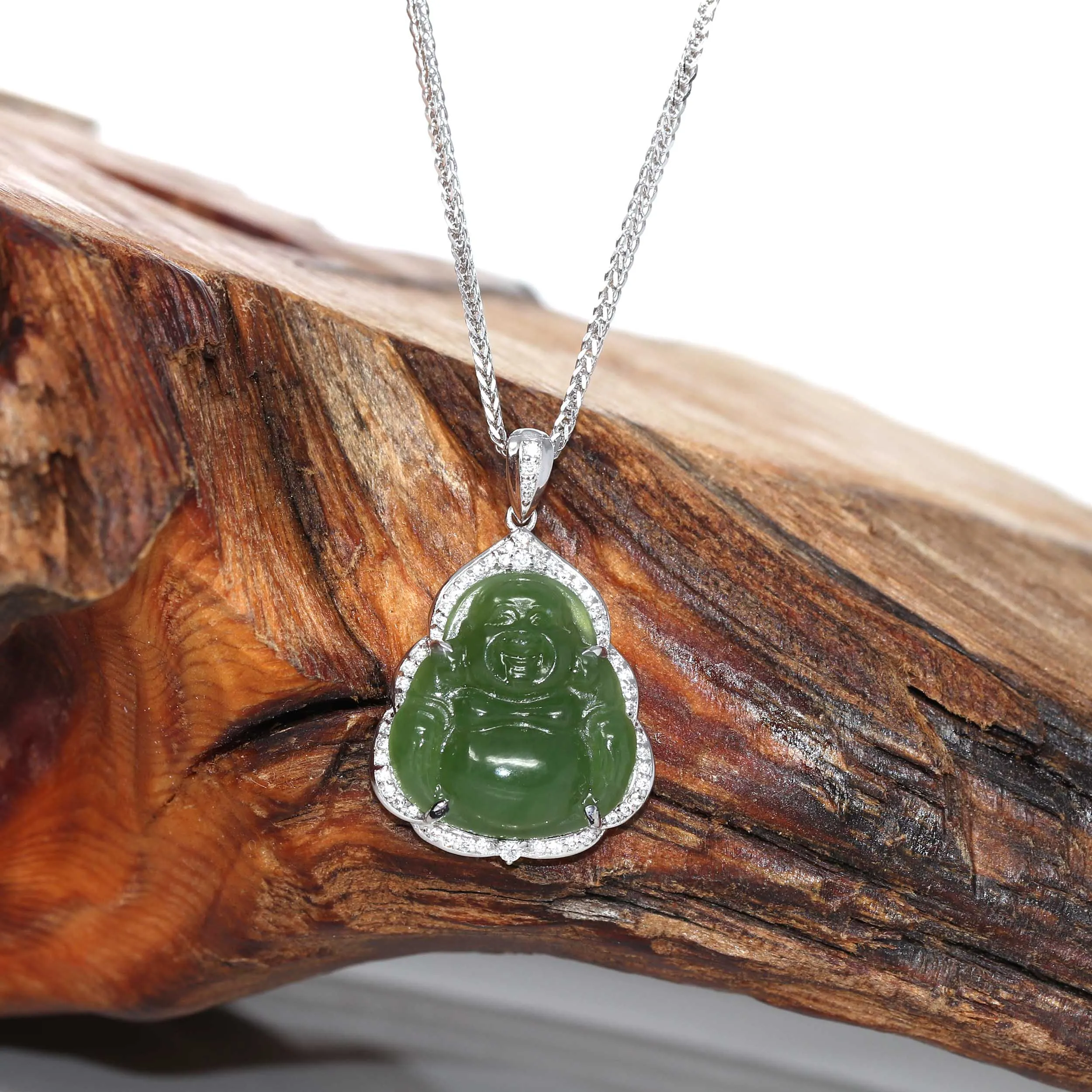 RealJade® "Laughing Buddha" 14k White Gold Genuine Nephrite Green Jade with Moissanite