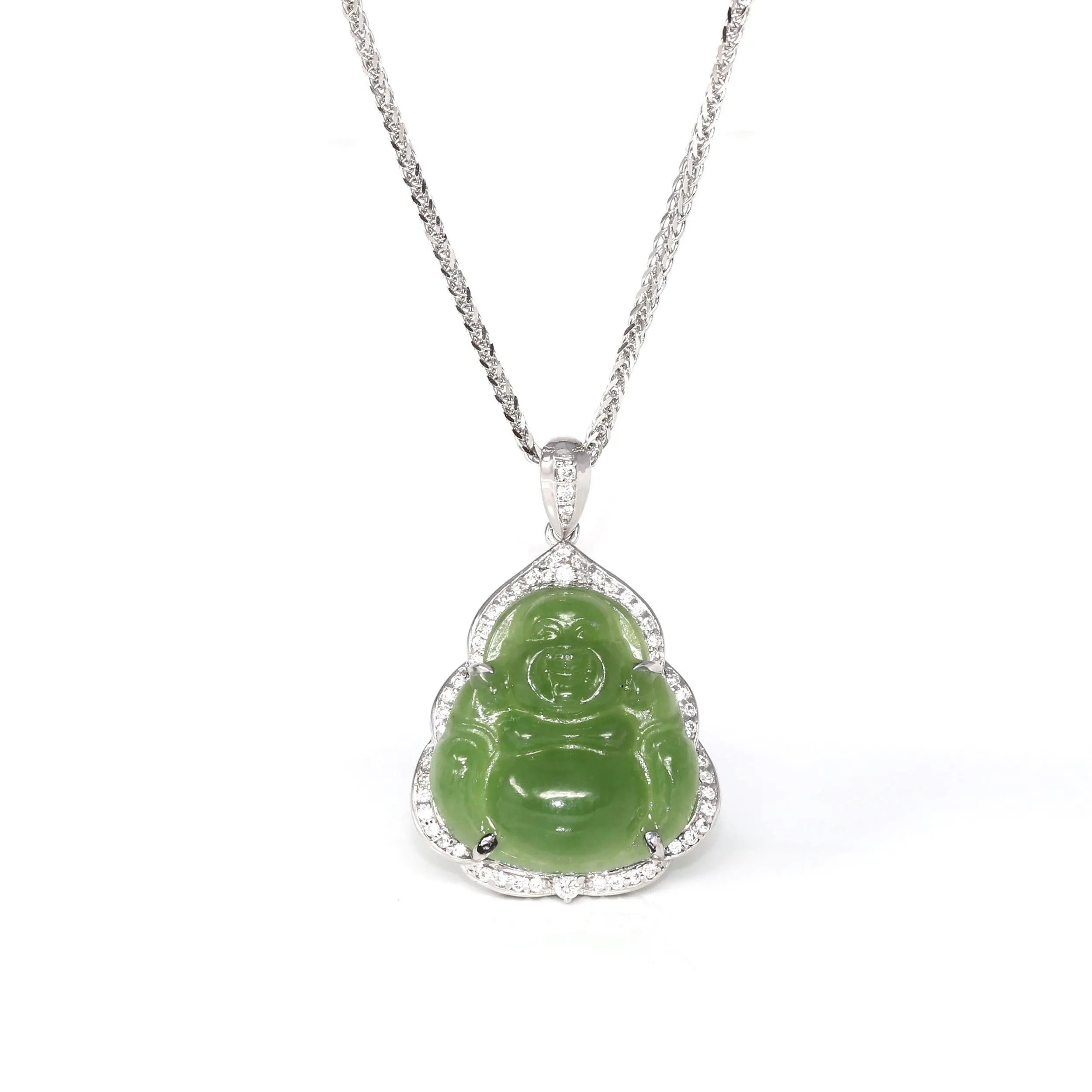 RealJade® "Laughing Buddha" 14k White Gold Genuine Nephrite Green Jade with Moissanite