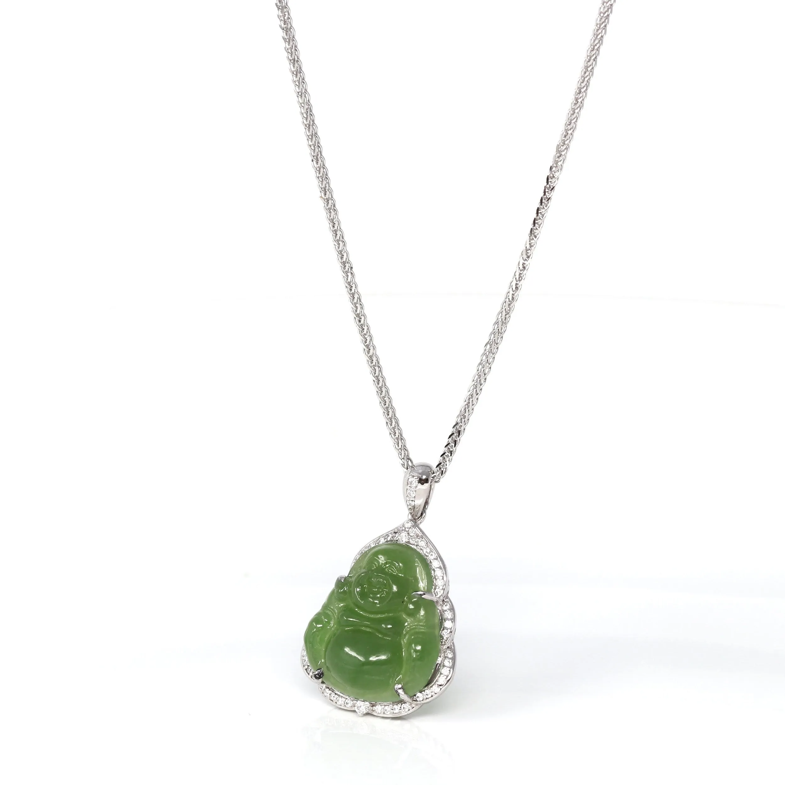 RealJade® "Laughing Buddha" 14k White Gold Genuine Nephrite Green Jade with Moissanite