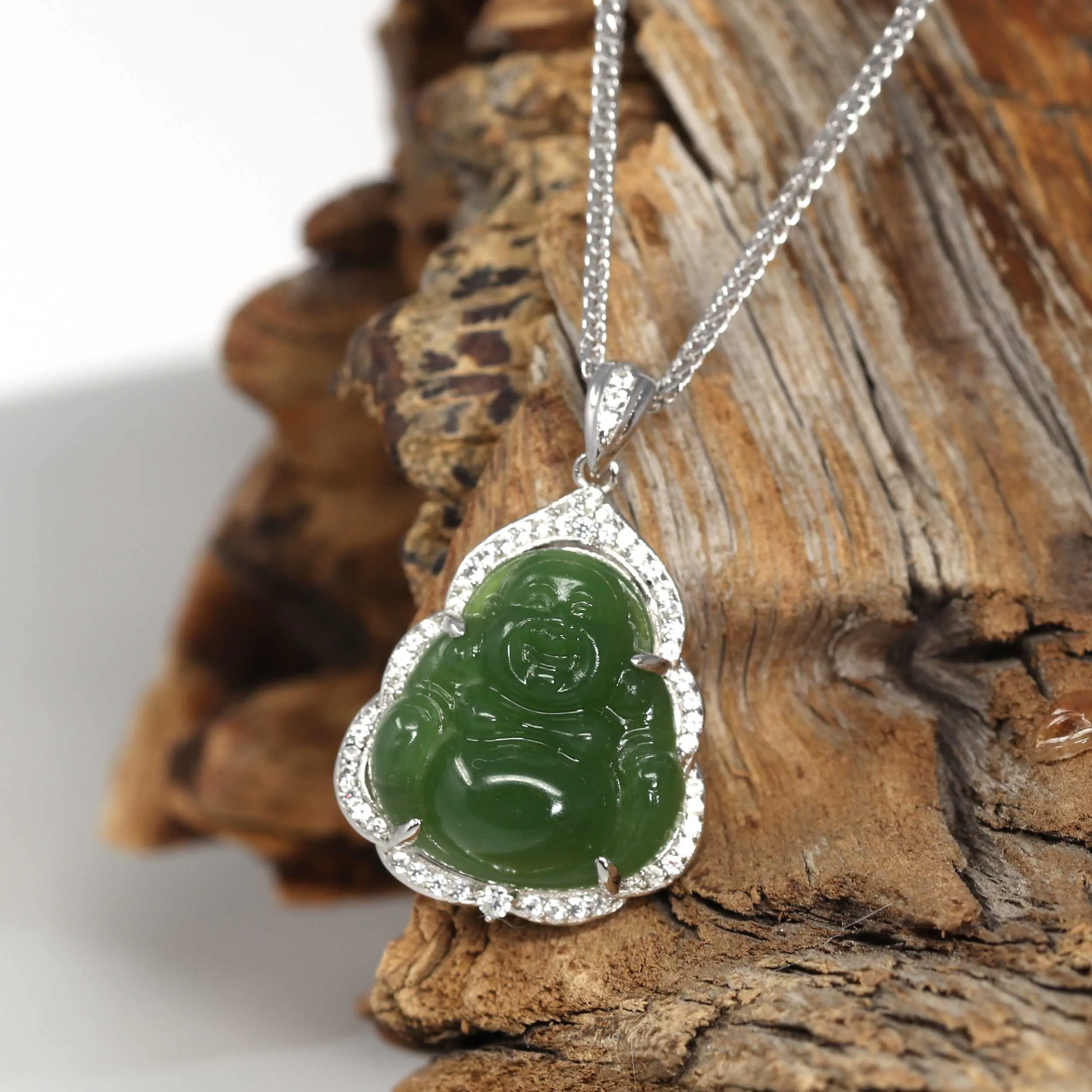 RealJade® "Laughing Buddha" 14k White Gold Genuine Nephrite Green Jade with Moissanite
