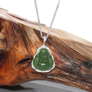 RealJade® "Laughing Buddha" 14k White Gold Genuine Nephrite Green Jade with Moissanite
